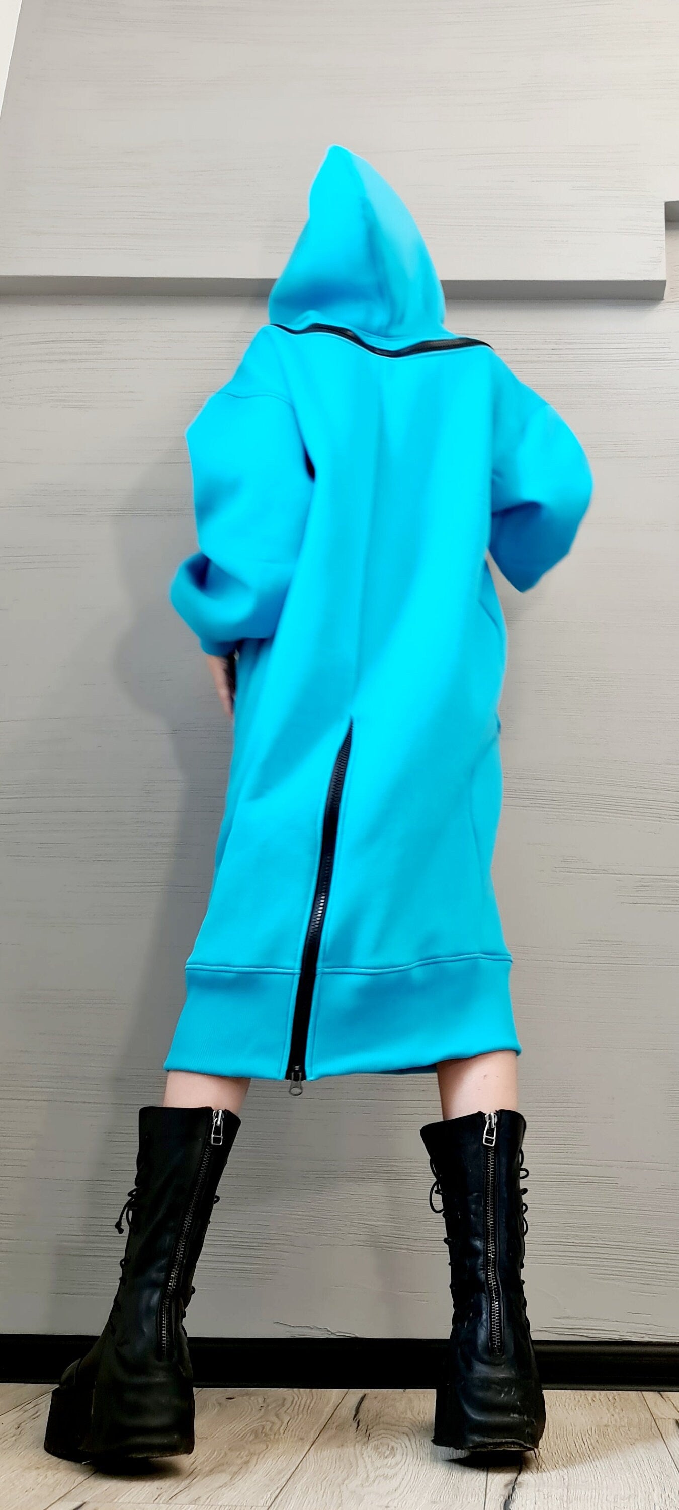 New Collection Blue Sweatshirt Dress, Extravagant Dress, LooseDress, Hooded Winter Dress, Long Dress with Hood, Sweatshirt Dress