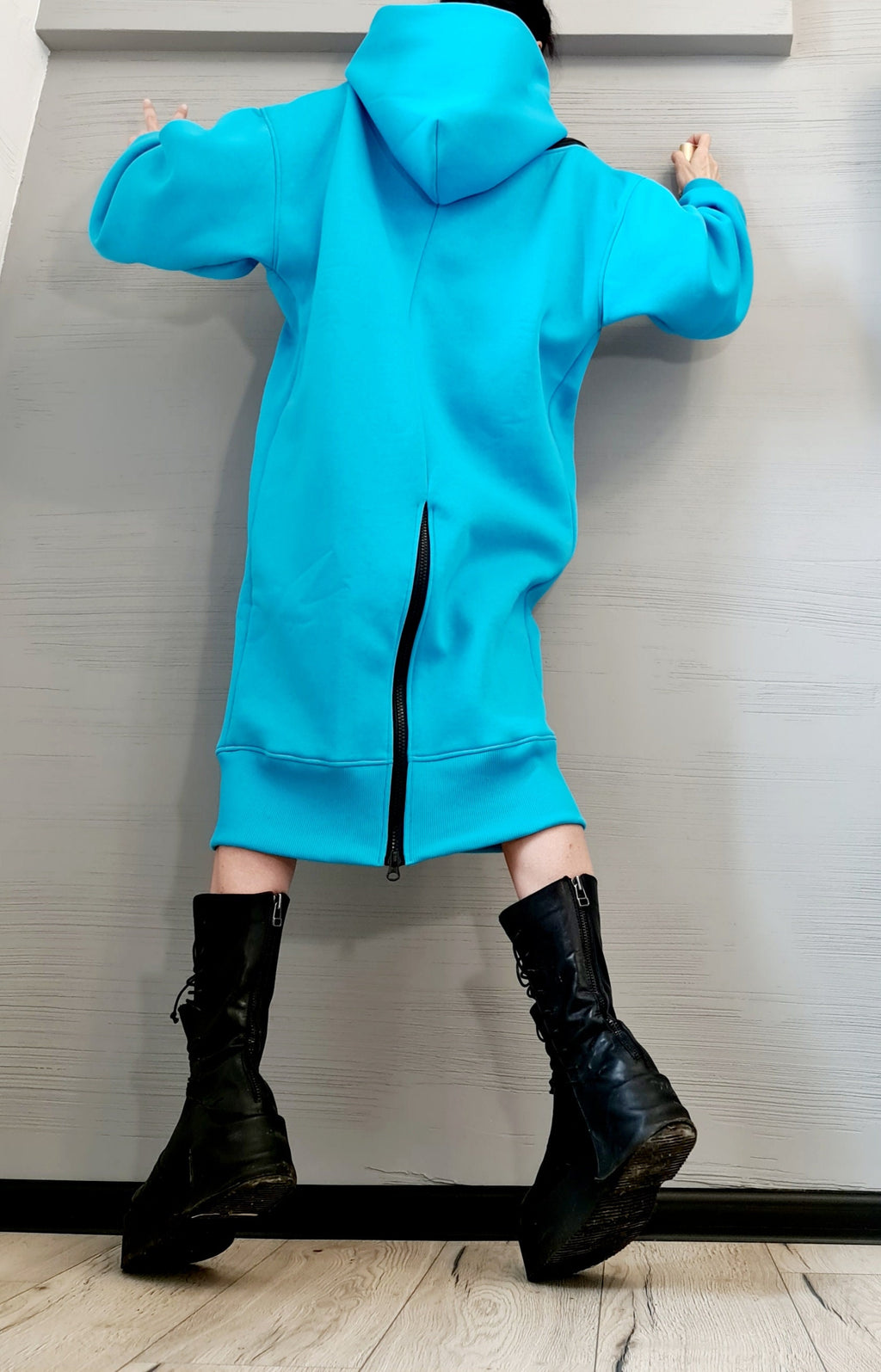 New Collection Blue Sweatshirt Dress, Extravagant Dress, LooseDress, Hooded Winter Dress, Long Dress with Hood, Sweatshirt Dress