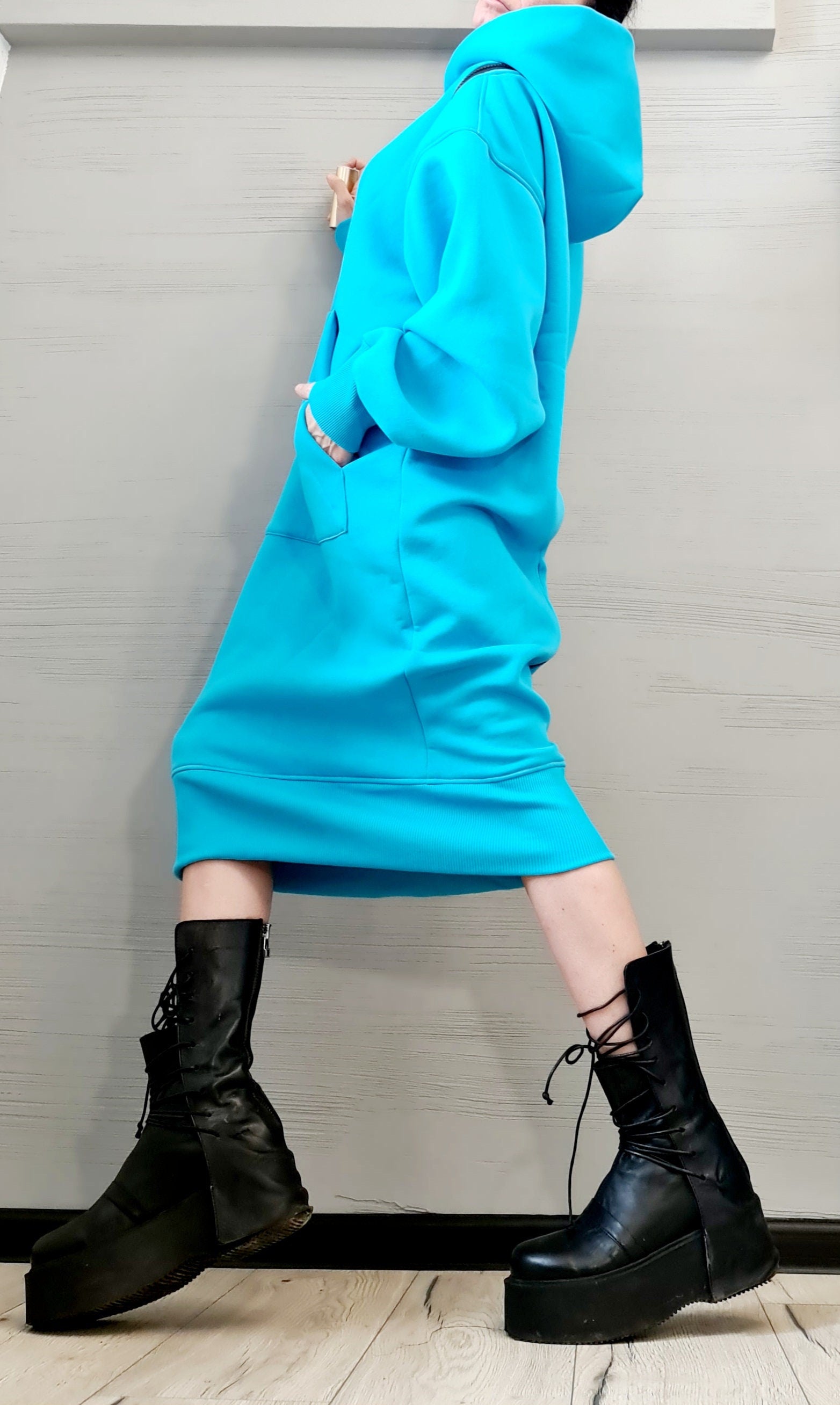 New Collection Blue Sweatshirt Dress, Extravagant Dress, LooseDress, Hooded Winter Dress, Long Dress with Hood, Sweatshirt Dress