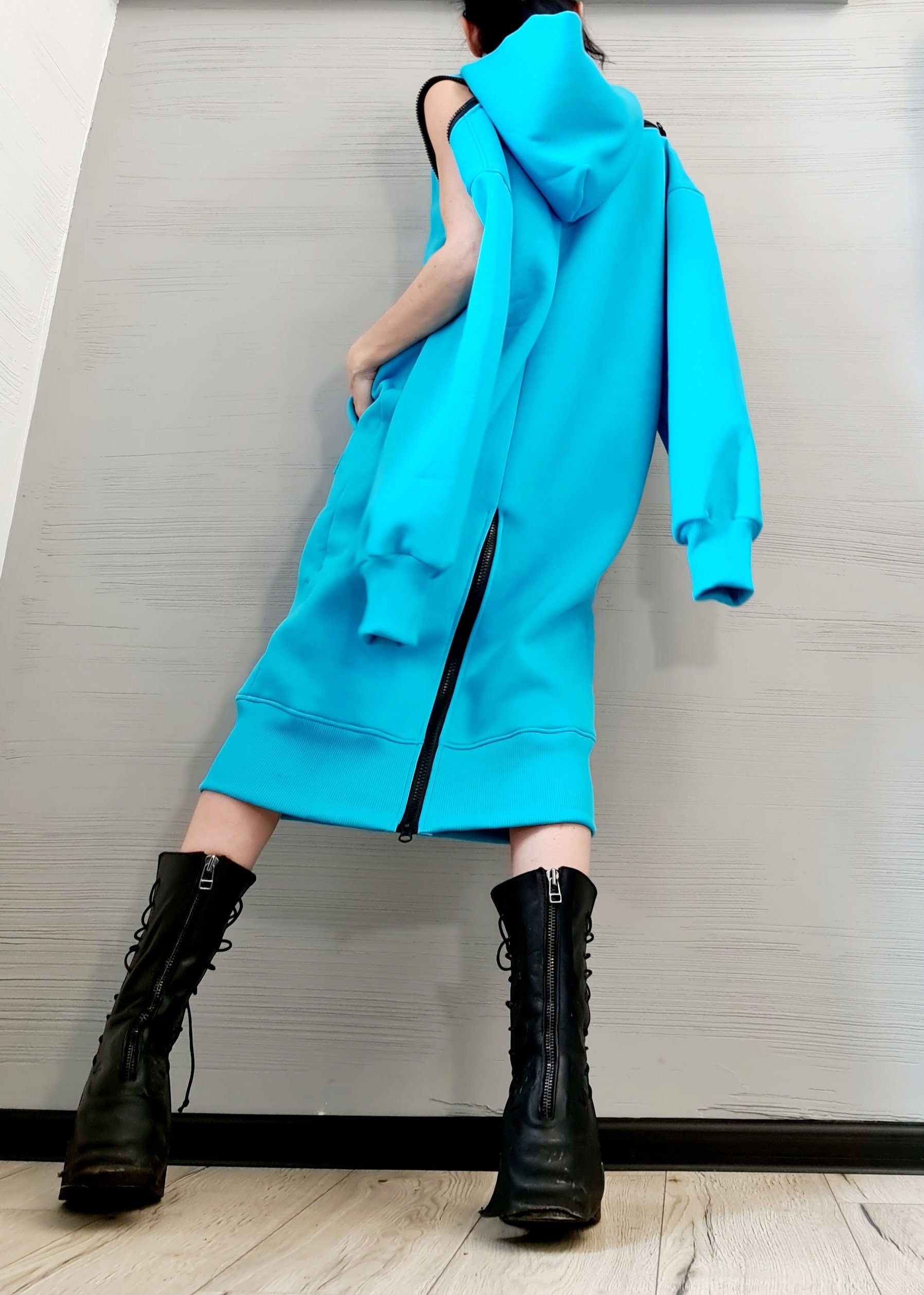 New Collection Blue Sweatshirt Dress, Extravagant Dress, LooseDress, Hooded Winter Dress, Long Dress with Hood, Sweatshirt Dress