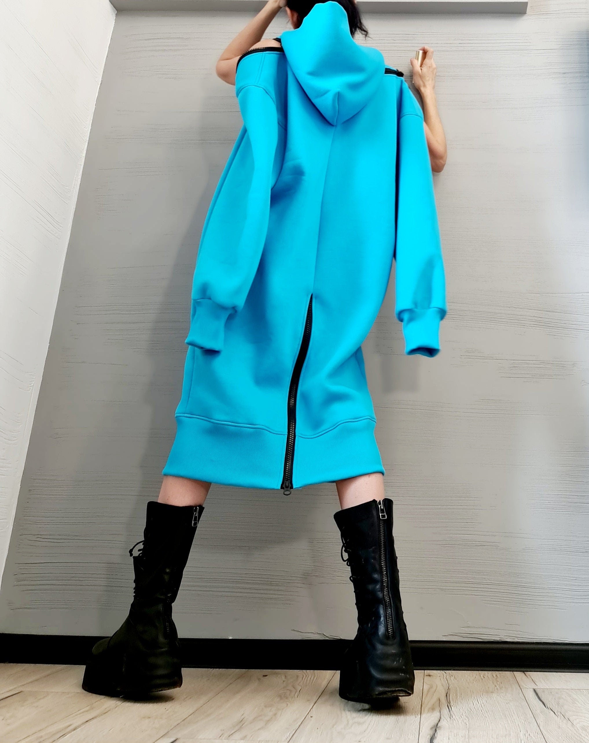 New Collection Blue Sweatshirt Dress, Extravagant Dress, LooseDress, Hooded Winter Dress, Long Dress with Hood, Sweatshirt Dress