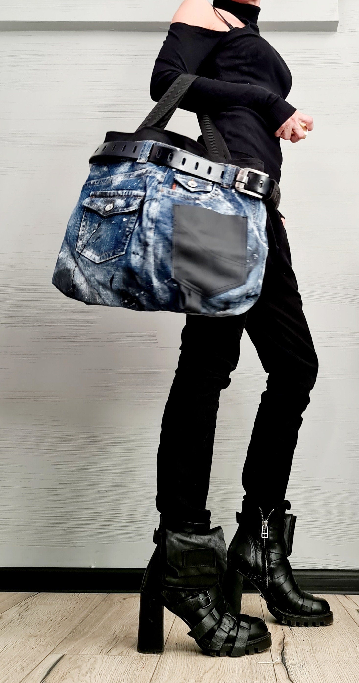 Handmade Extravagant Denim Shoulder Bag, Designer Denim Bag, Oversized Avant-Garde Tote – Unique Spray-Painted Jean Purse for Women