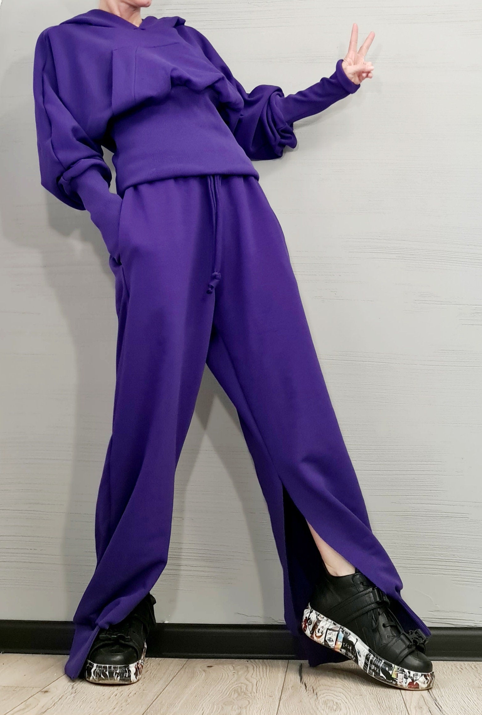 New collection Purple Outwear Women Set, Pants  Hooded Sweatshirts, Loose Pants Set, Extravagant Cotton Set, Extravagant Blouse