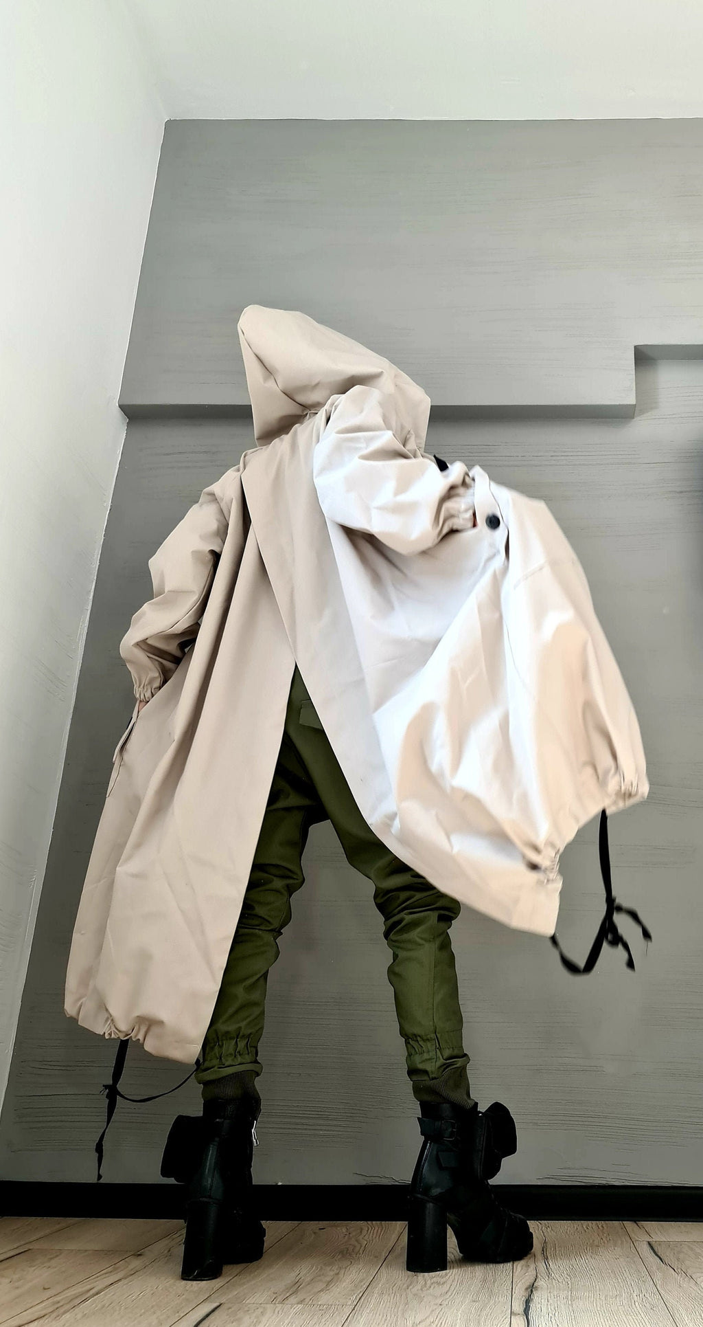 Extravagant Long loose hooded Jacket , Spring Blazer, Asymmetrical Jacket, Light Beige Trench Coat, Gothic, New collection