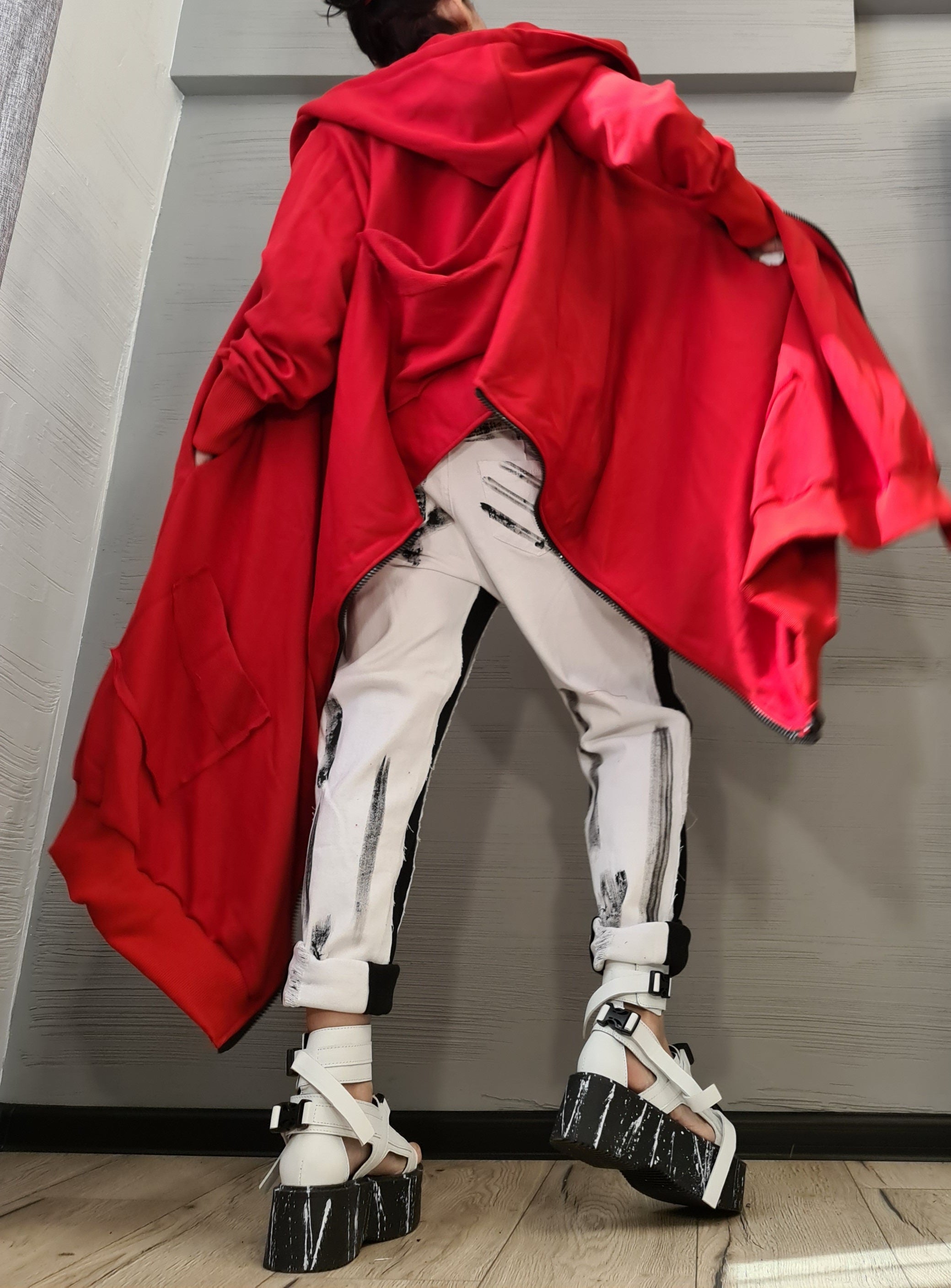 New collection Red Hooded Cotton Sweatshirt, Asymmetric Sweatshirt, Short Long Extravagant Vest, Women Sexy Sweatshirt