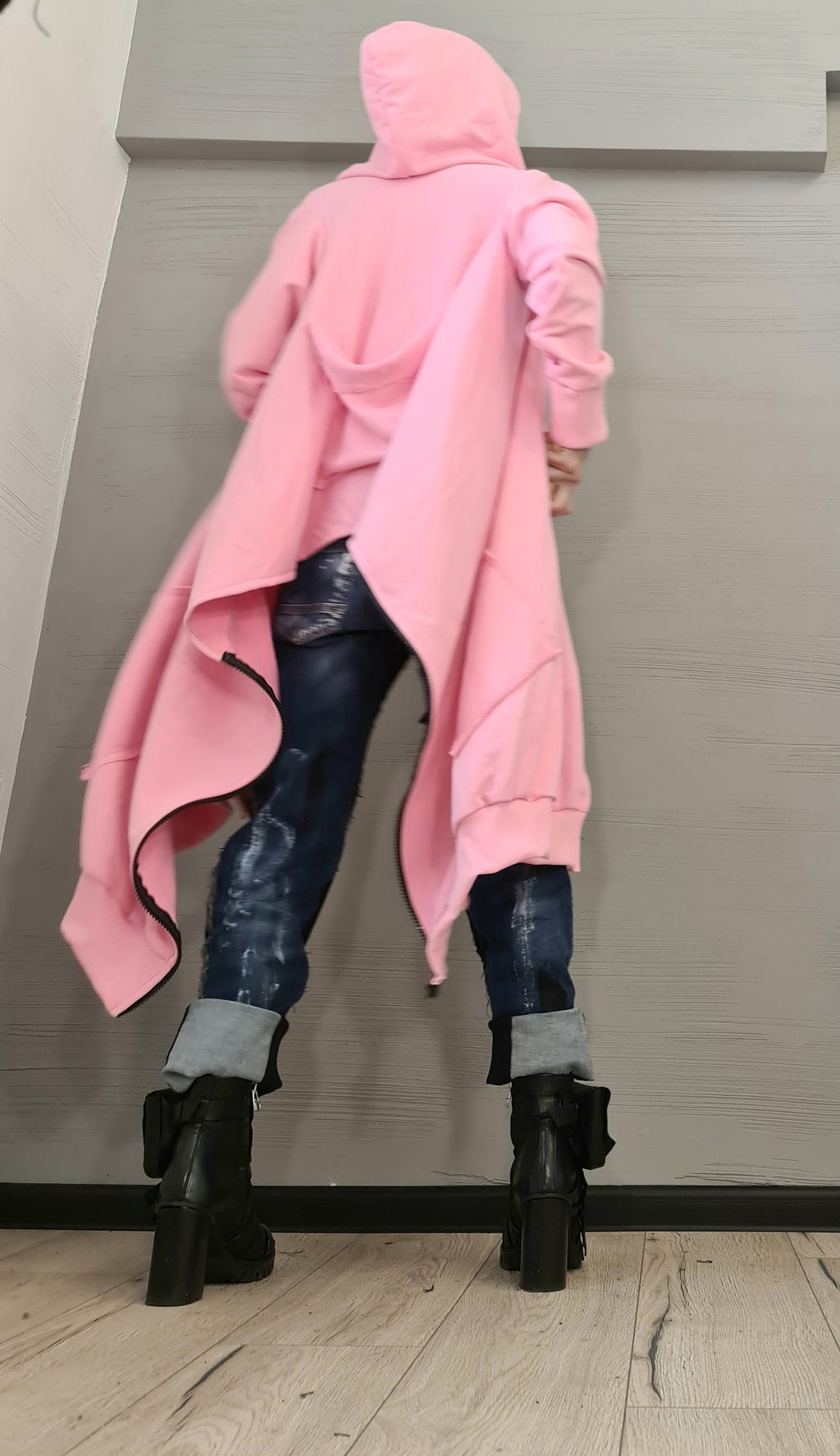 New collection Pink Hooded Cotton Sweatshirt, Asymmetric Sweatshirt, Short Long Extravagant Vest, Women Sexy Sweatshirt