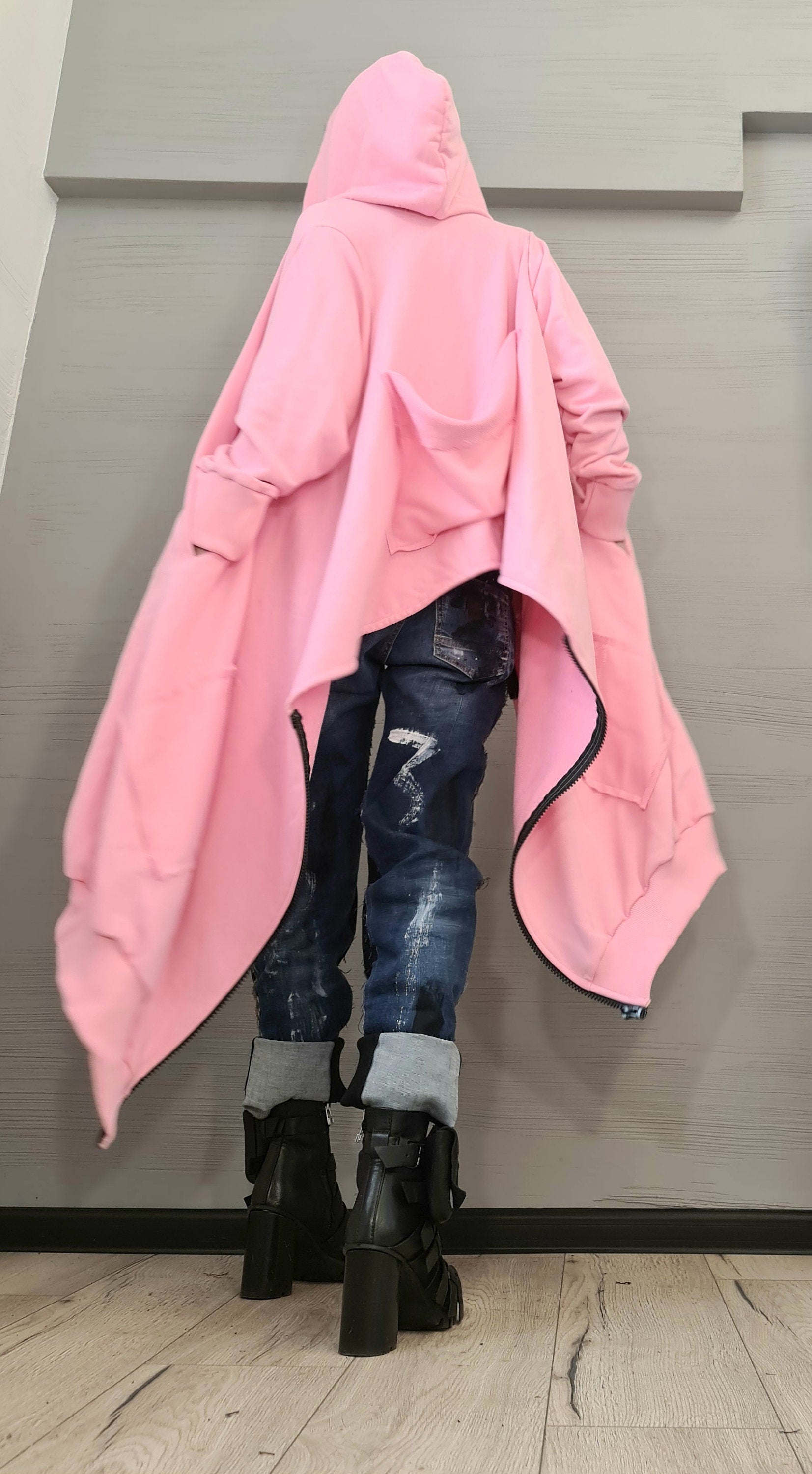 New collection Pink Hooded Cotton Sweatshirt, Asymmetric Sweatshirt, Short Long Extravagant Vest, Women Sexy Sweatshirt