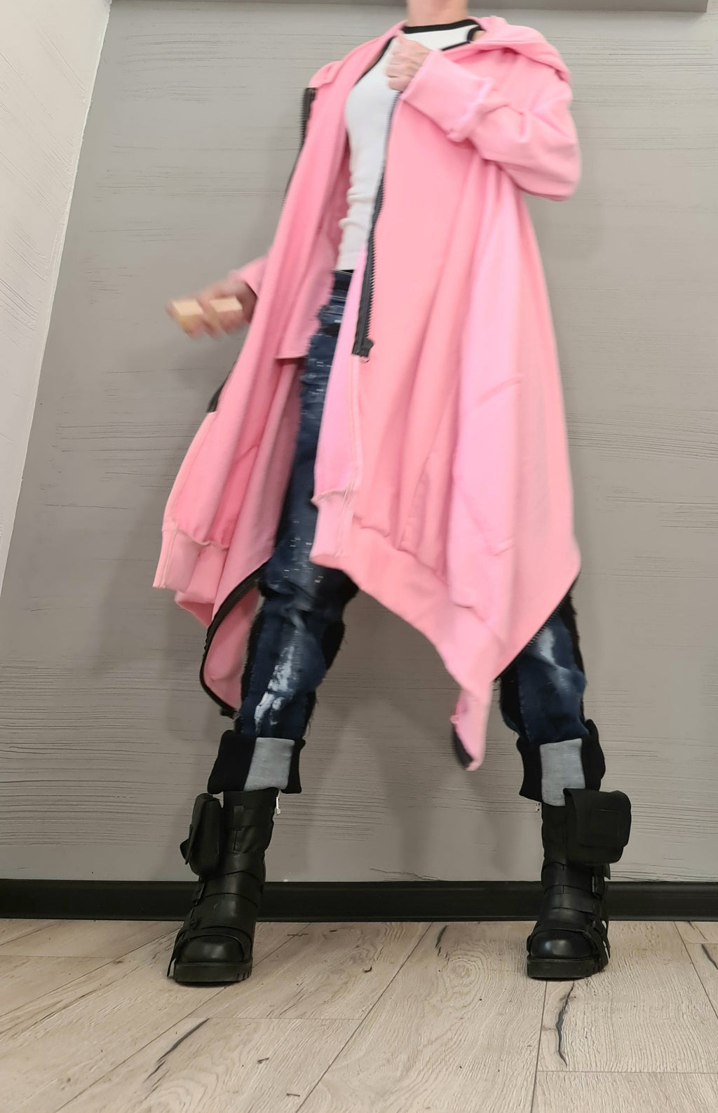 New collection Pink Hooded Cotton Sweatshirt, Asymmetric Sweatshirt, Short Long Extravagant Vest, Women Sexy Sweatshirt