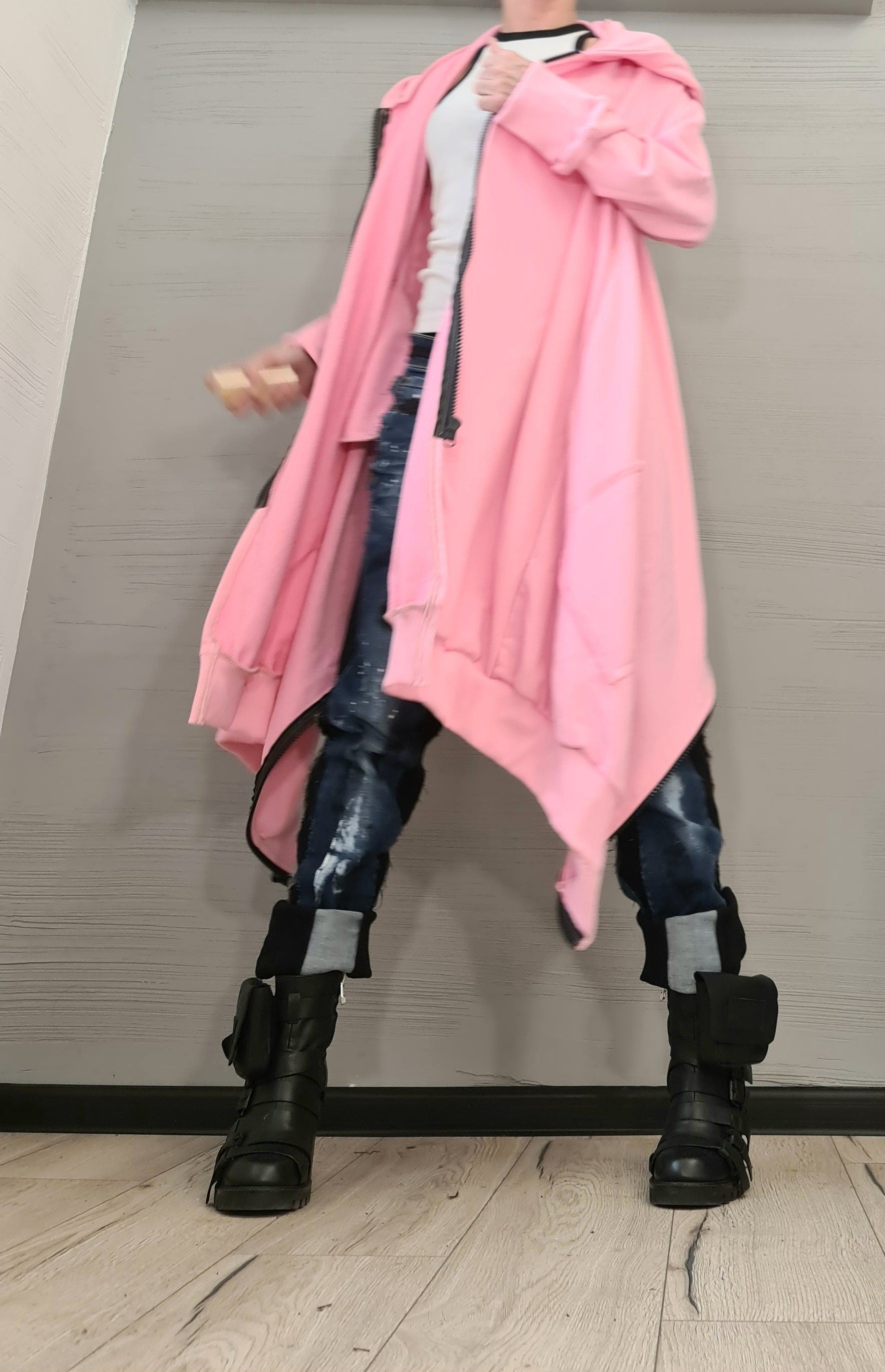 New collection Pink Hooded Cotton Sweatshirt, Asymmetric Sweatshirt, Short Long Extravagant Vest, Women Sexy Sweatshirt