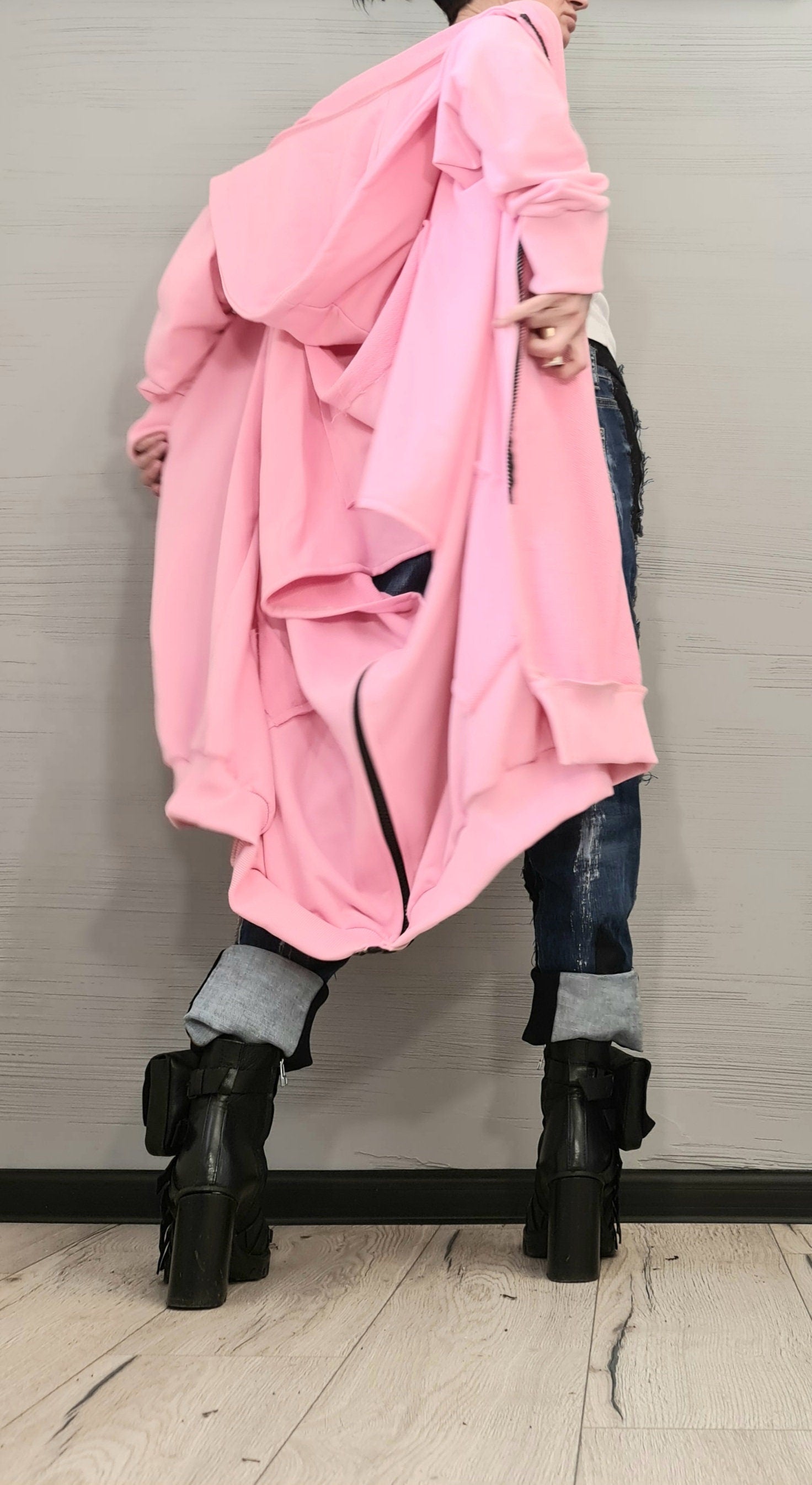New collection Pink Hooded Cotton Sweatshirt, Asymmetric Sweatshirt, Short Long Extravagant Vest, Women Sexy Sweatshirt