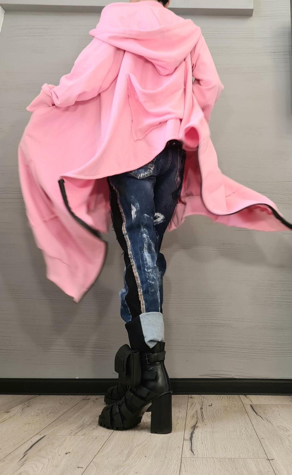 New collection Pink Hooded Cotton Sweatshirt, Asymmetric Sweatshirt, Short Long Extravagant Vest, Women Sexy Sweatshirt