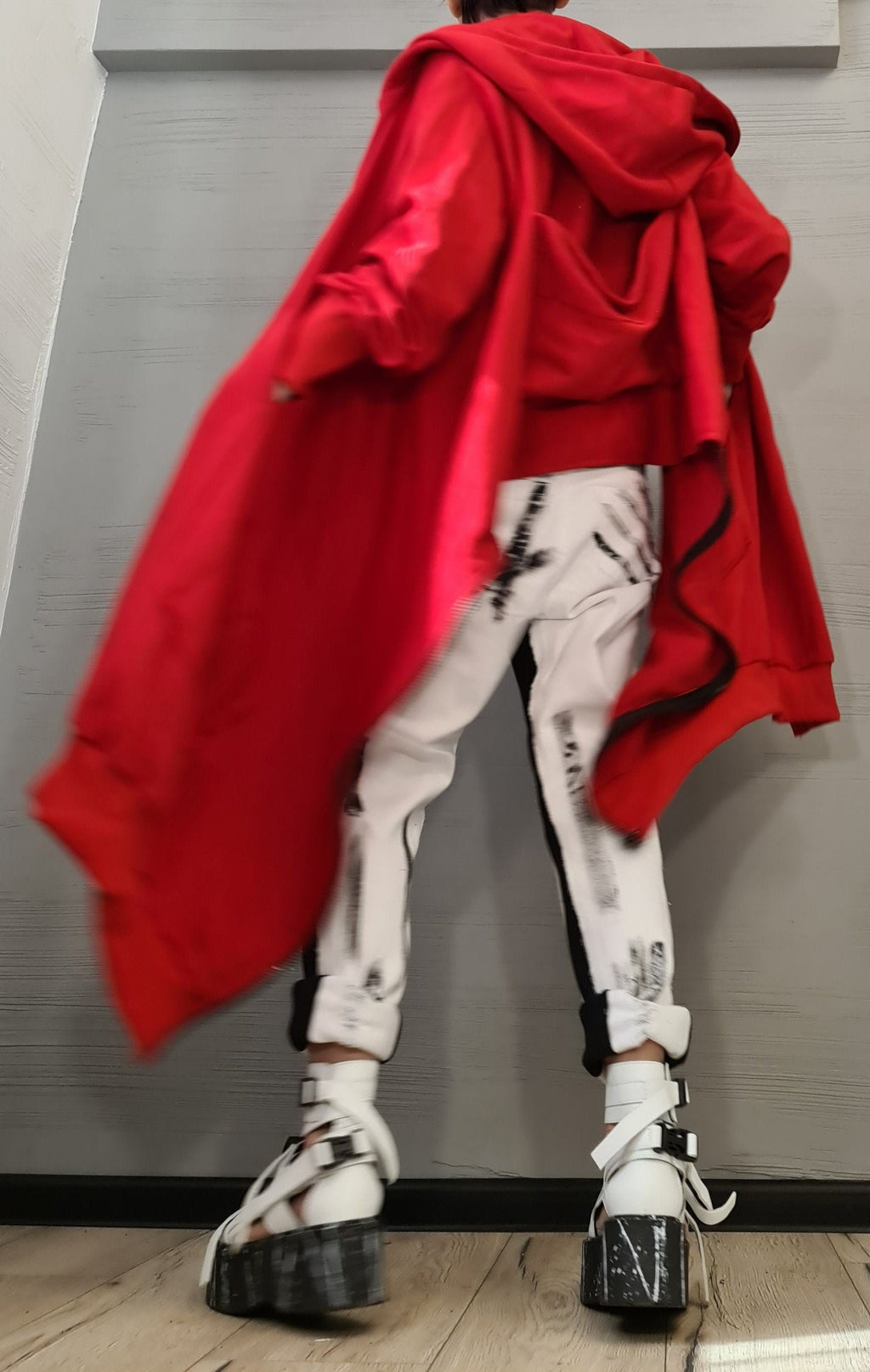 New collection Red Hooded Cotton Sweatshirt, Asymmetric Sweatshirt, Short Long Extravagant Vest, Women Sexy Sweatshirt