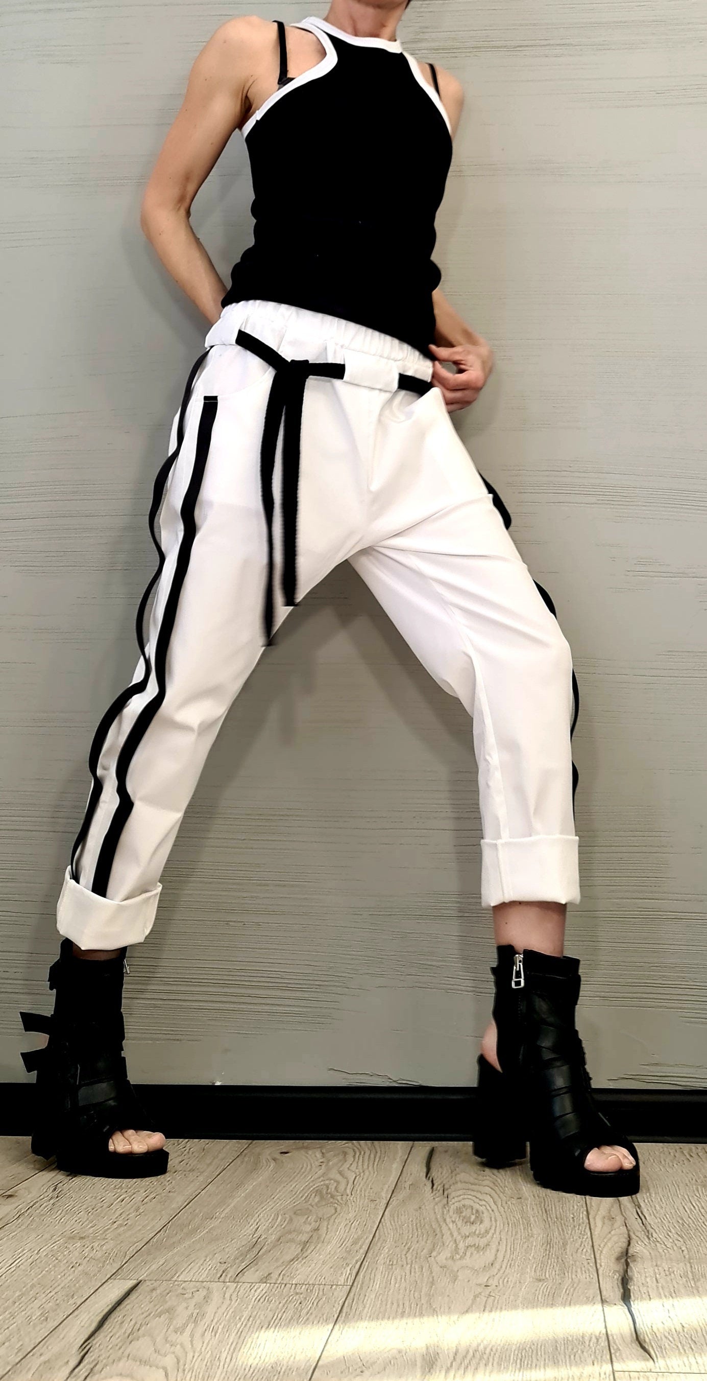 New collection Extravagant Women Harem Pants, Women Loose Trousers, Avant Garde Trousers, White Loose Pants, Gothic Pants, Punk Pants