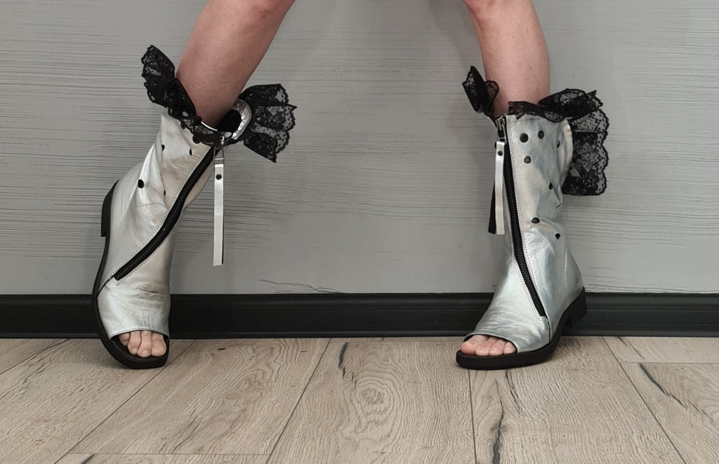 Silver Leather Shoes, Gladiator Summer Boots, Gothic Shoes,Open Toes Boots, Steampunk Shoes, Zipper Boots, new collection