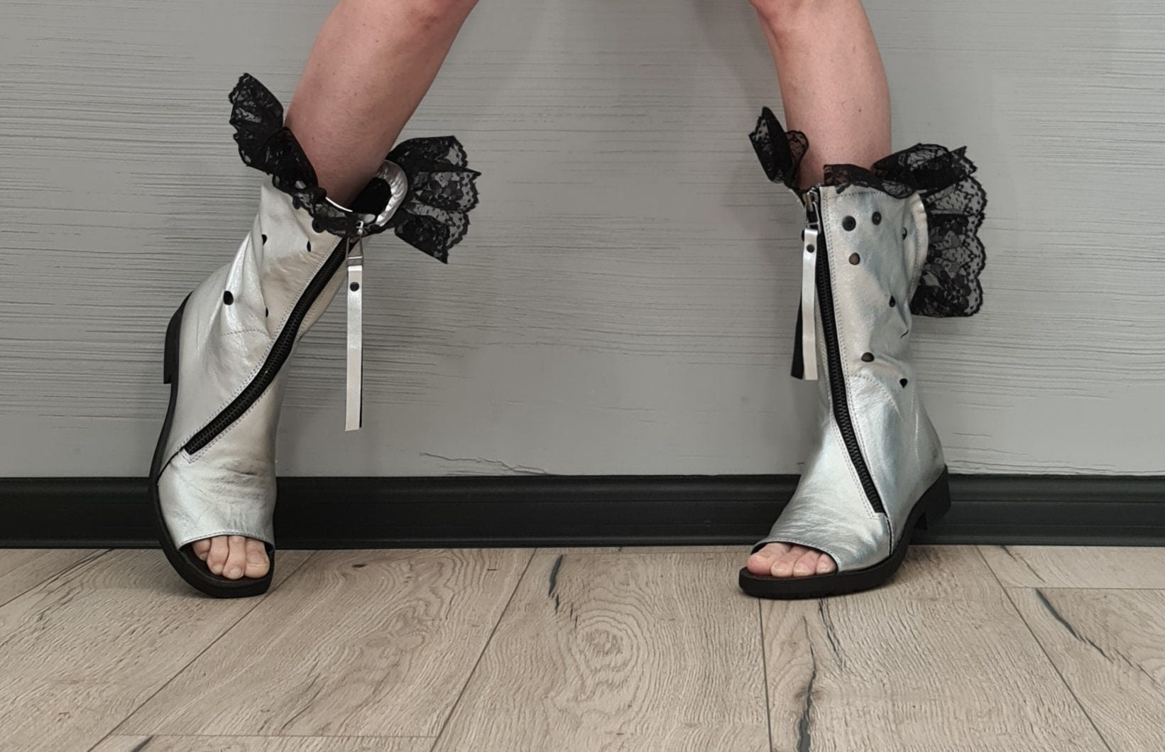 Silver Leather Shoes, Gladiator Summer Boots, Gothic Shoes,Open Toes Boots, Steampunk Shoes, Zipper Boots, new collection