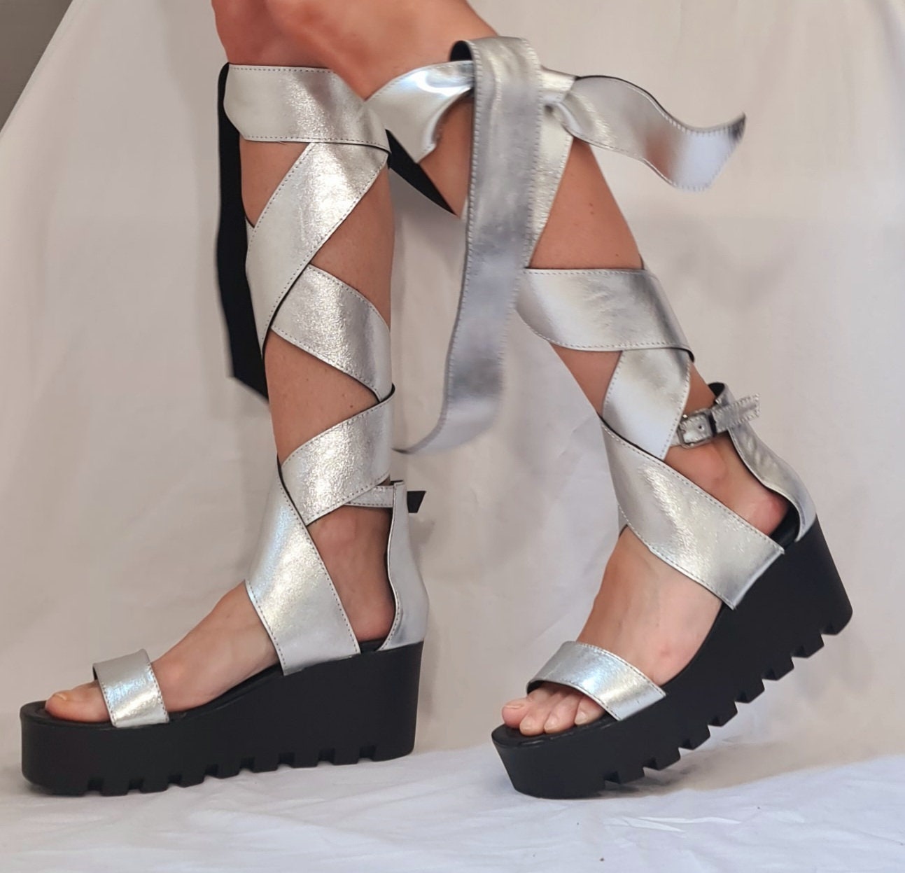 Silver Sandals, Knee High Sandals, Leather Sandals, Gladiator Sandals, Platform Shoes, Steampunk Shoes, Strappy Sandals, Gothic Sandals