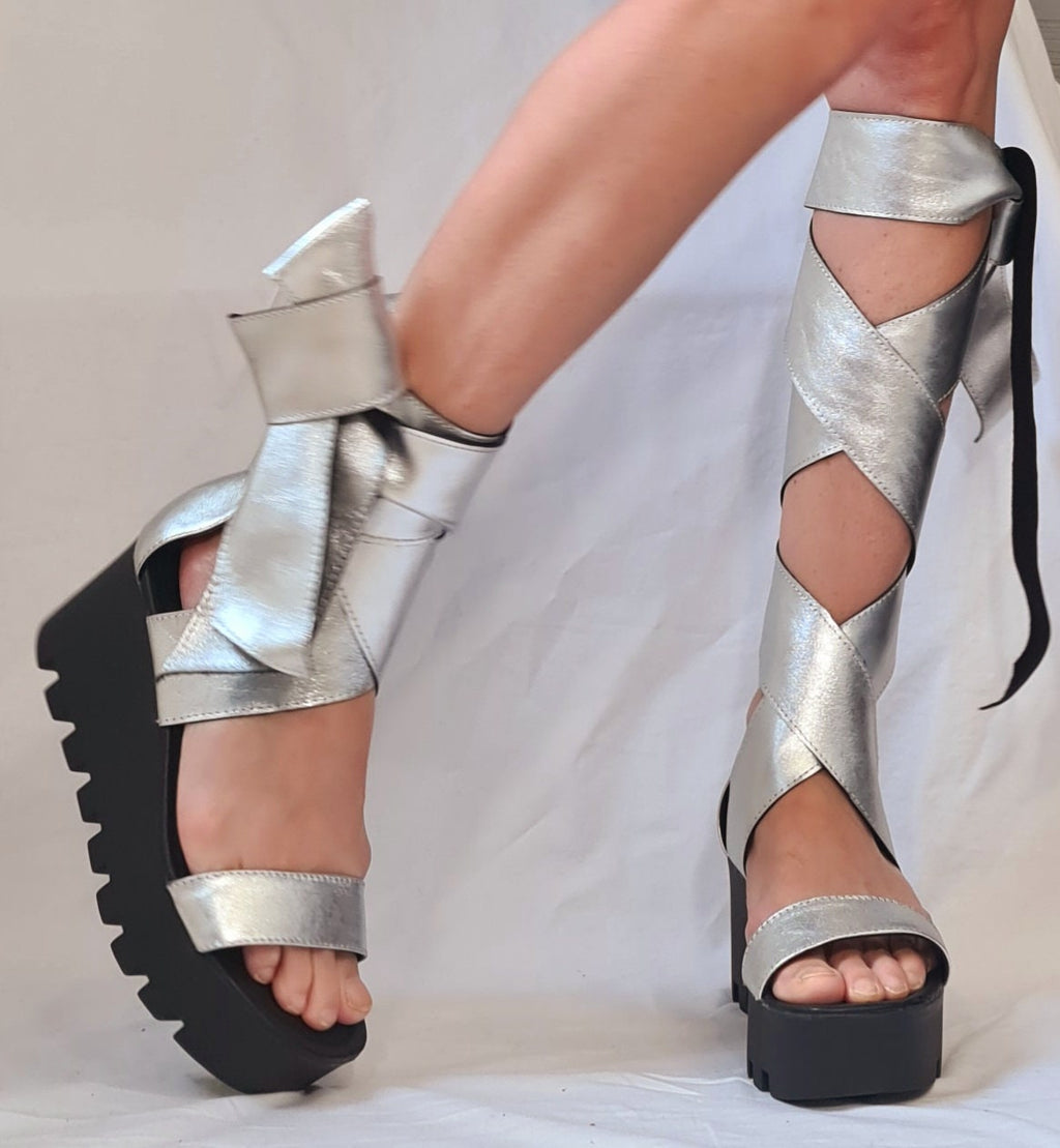 Silver Sandals, Knee High Sandals, Leather Sandals, Gladiator Sandals, Platform Shoes, Steampunk Shoes, Strappy Sandals, Gothic Sandals
