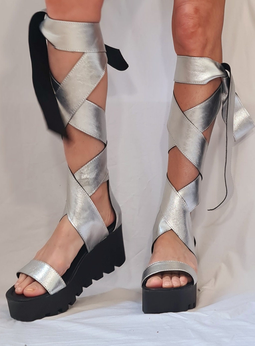 Silver Sandals, Knee High Sandals, Leather Sandals, Gladiator Sandals, Platform Shoes, Steampunk Shoes, Strappy Sandals, Gothic Sandals