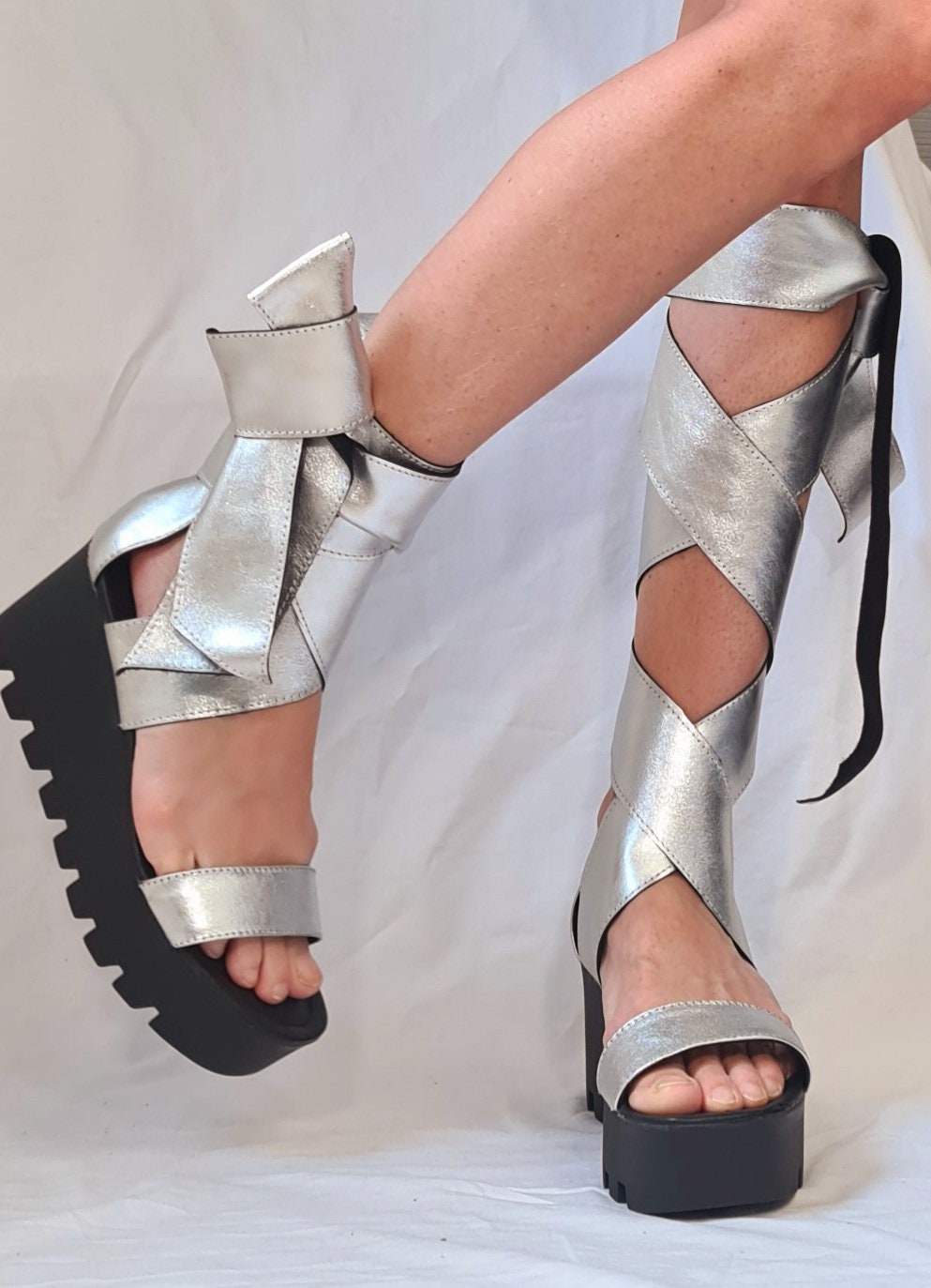 Silver Sandals, Knee High Sandals, Leather Sandals, Gladiator Sandals, Platform Shoes, Steampunk Shoes, Strappy Sandals, Gothic Sandals