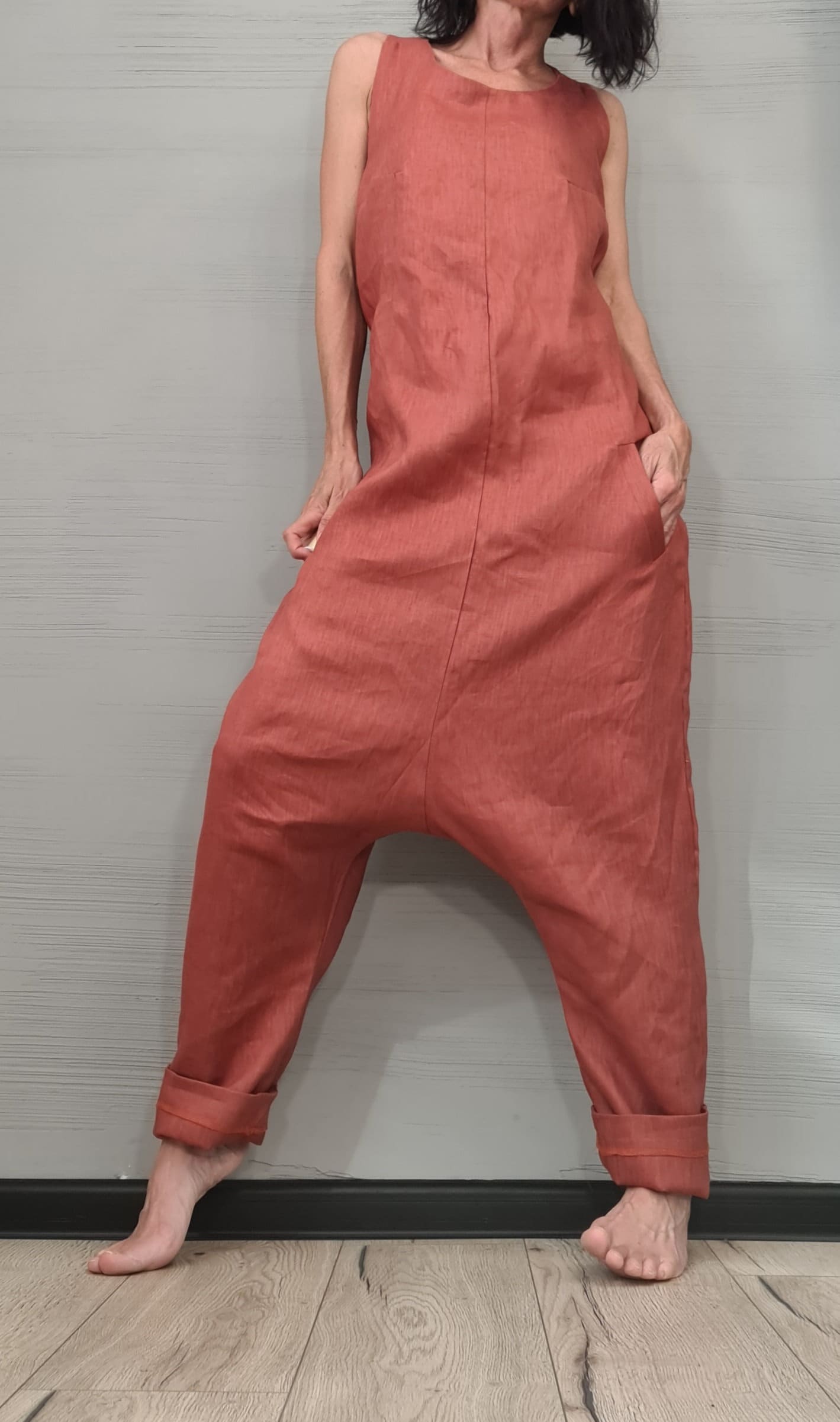 New collection Lenin Asymmetric long Jumpsuit, Harem Jumpsuit, Extravagant Wide Leg Overall, Sleeveless Loose  Jumpsuit Extravagant