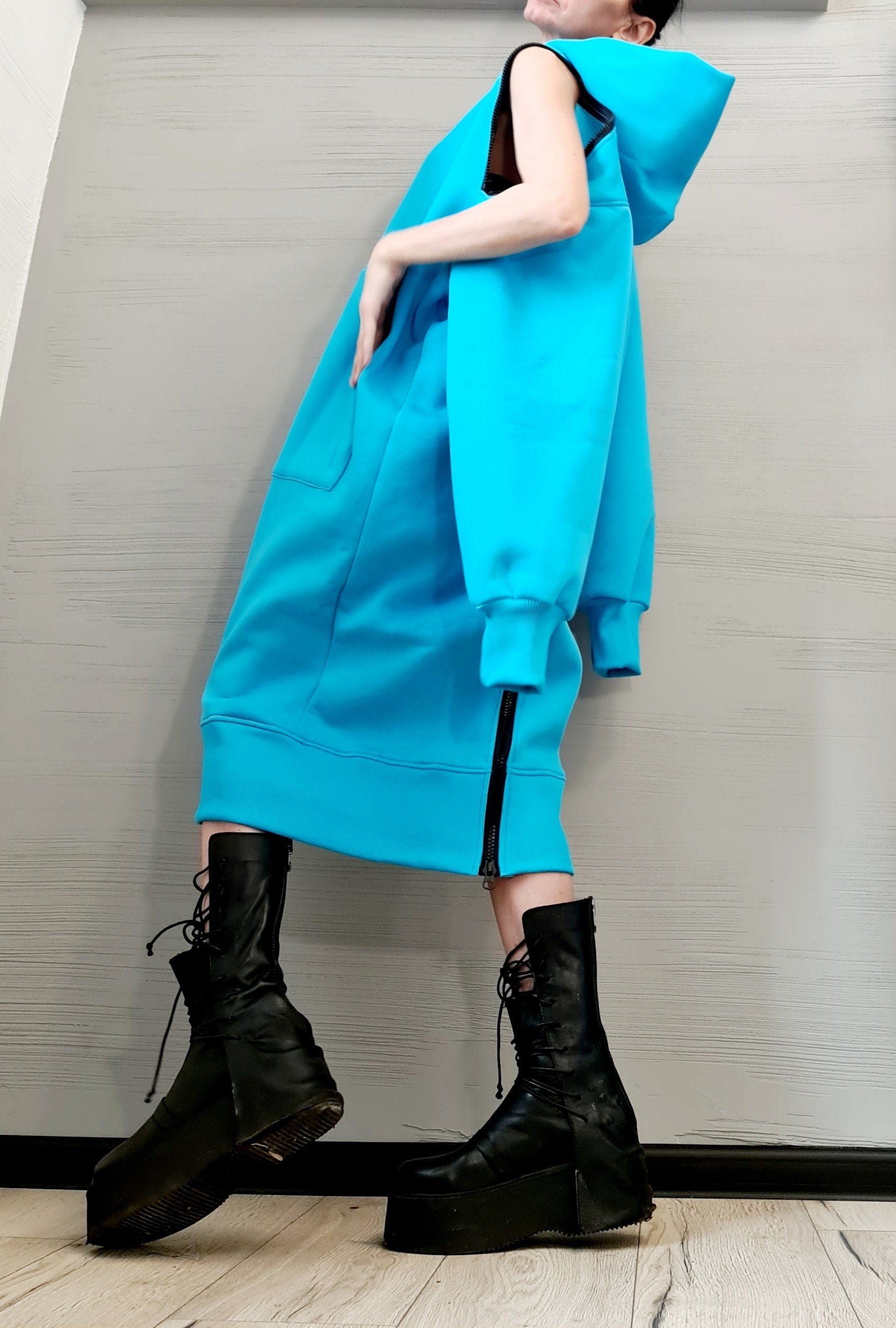 New Collection Blue Sweatshirt Dress, Extravagant Dress, LooseDress, Hooded Winter Dress, Long Dress with Hood, Sweatshirt Dress