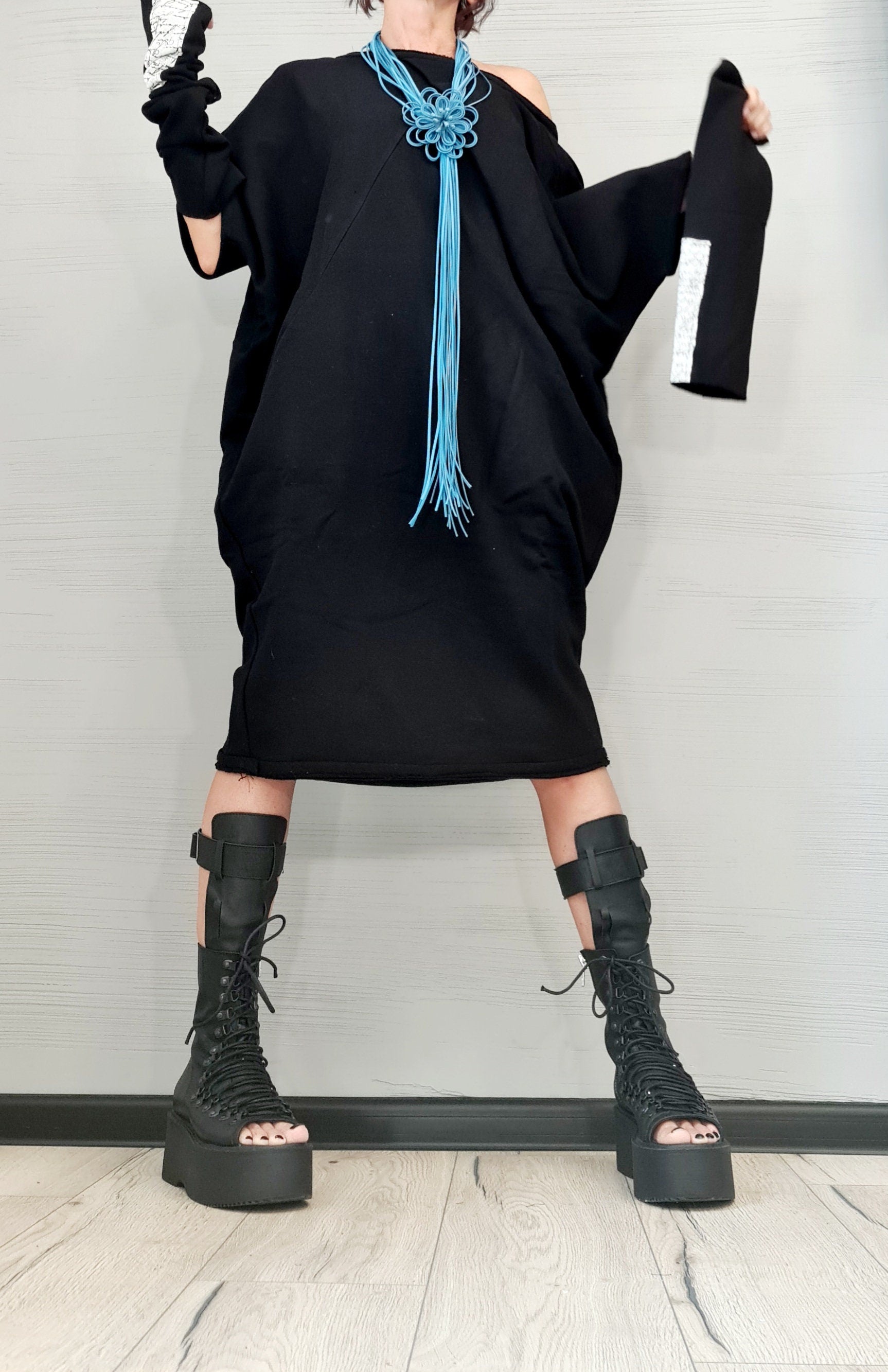 New collection Black Dress, Extravagant Tunic Dress, Blouson Dress, Asymmetric Dress, Sleeveless Dress, Knee Length Dress, Separate Sleeves