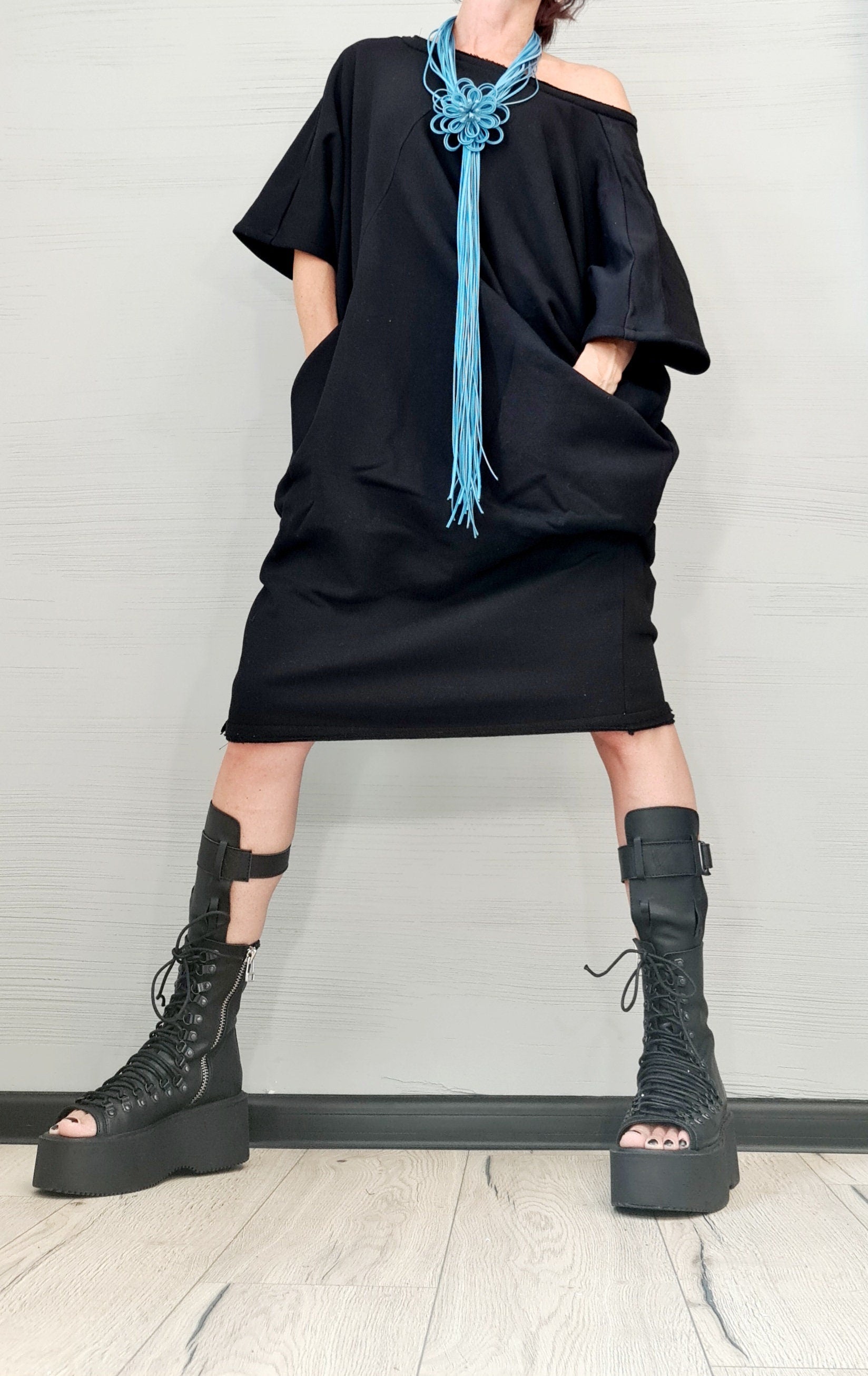 New collection Black Dress, Extravagant Tunic Dress, Blouson Dress, Asymmetric Dress, Sleeveless Dress, Knee Length Dress, Separate Sleeves