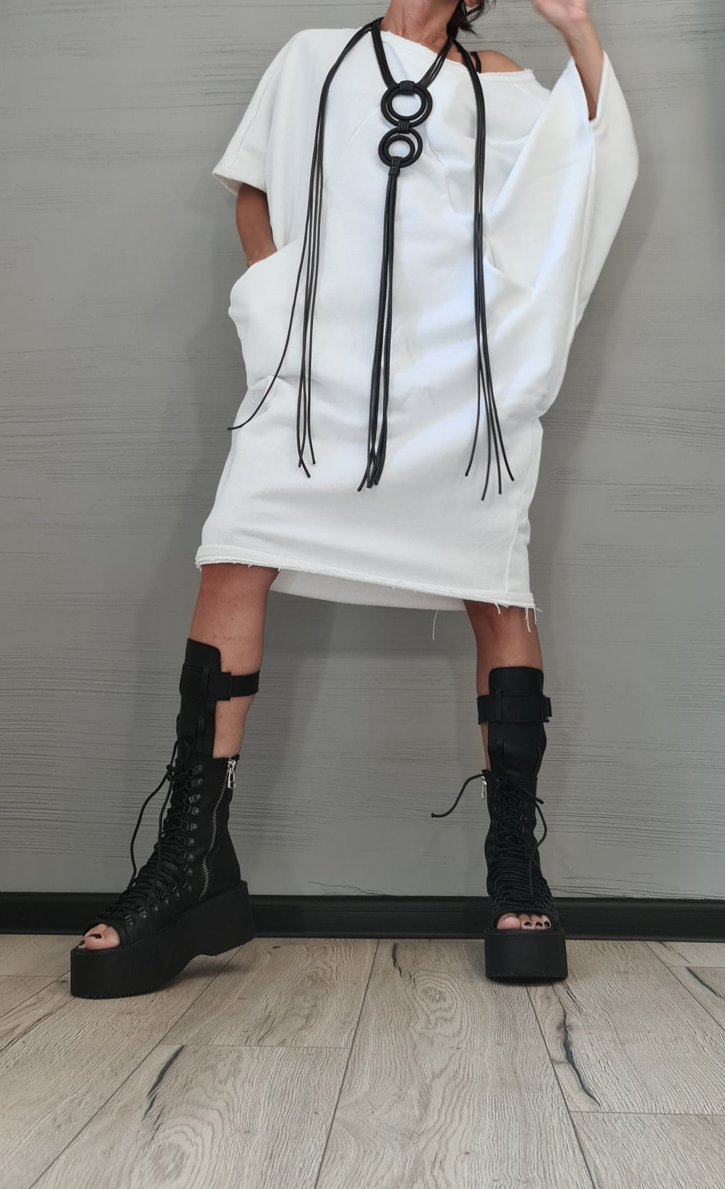 New collection White Dress, Extravagant Tunic Dress, Blouson Dress, Asymmetric Dress, Sleeveless Dress, Knee Length Dress, Separate Sleeves