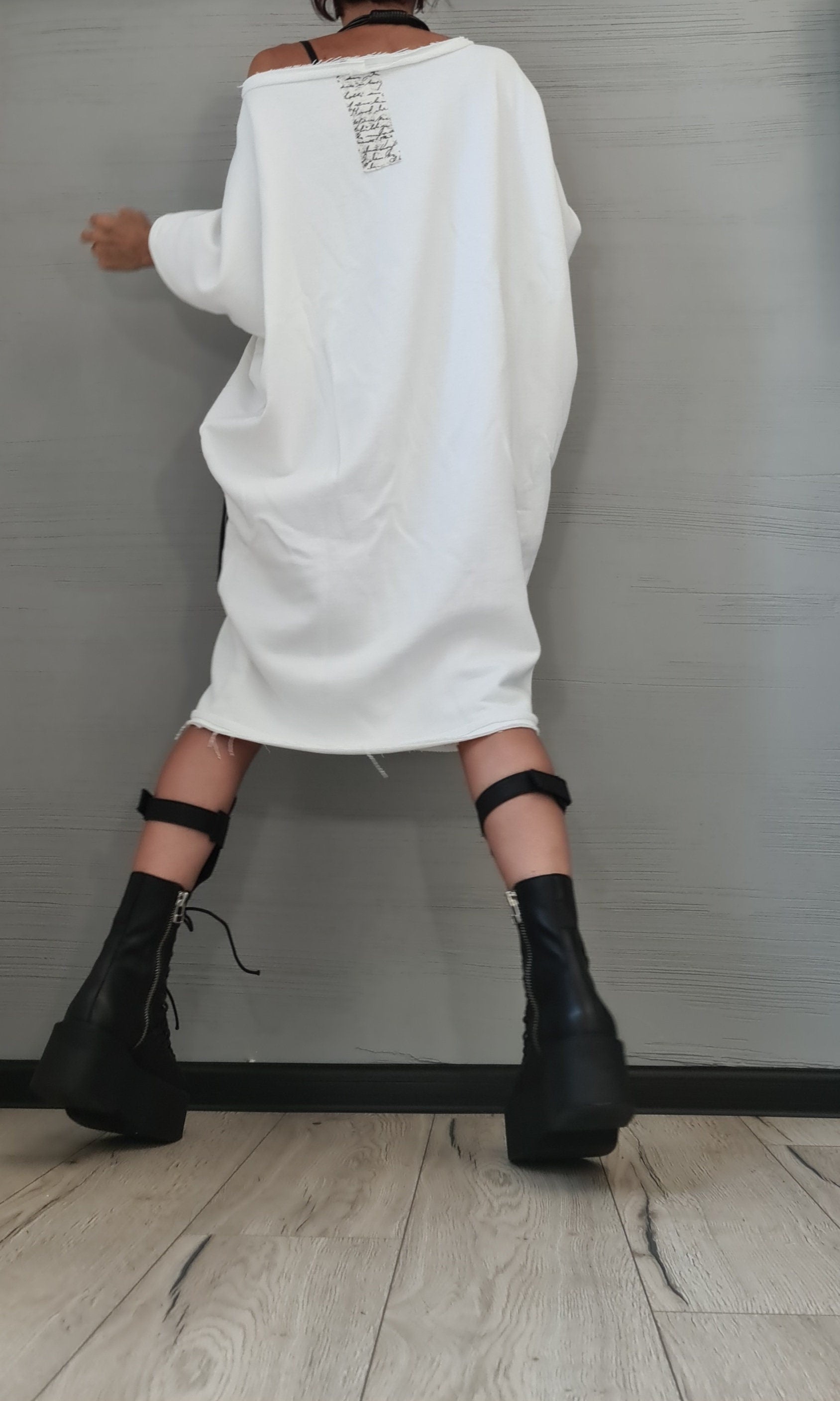 New collection White Dress, Extravagant Tunic Dress, Blouson Dress, Asymmetric Dress, Sleeveless Dress, Knee Length Dress, Separate Sleeves