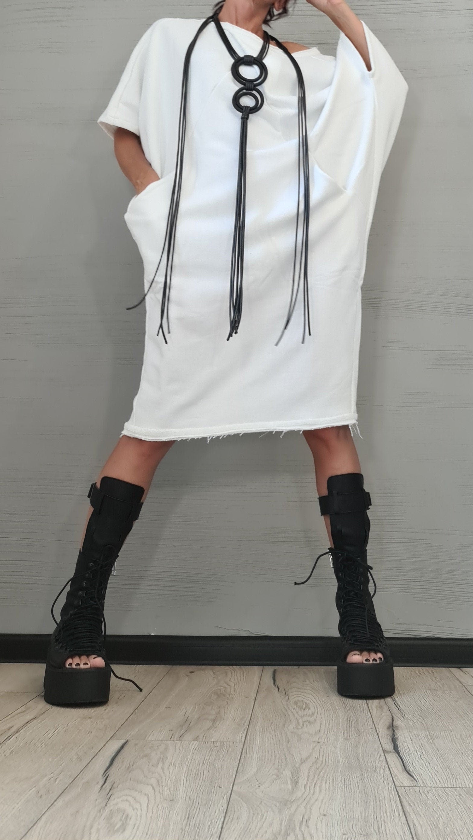 New collection White Dress, Extravagant Tunic Dress, Blouson Dress, Asymmetric Dress, Sleeveless Dress, Knee Length Dress, Separate Sleeves