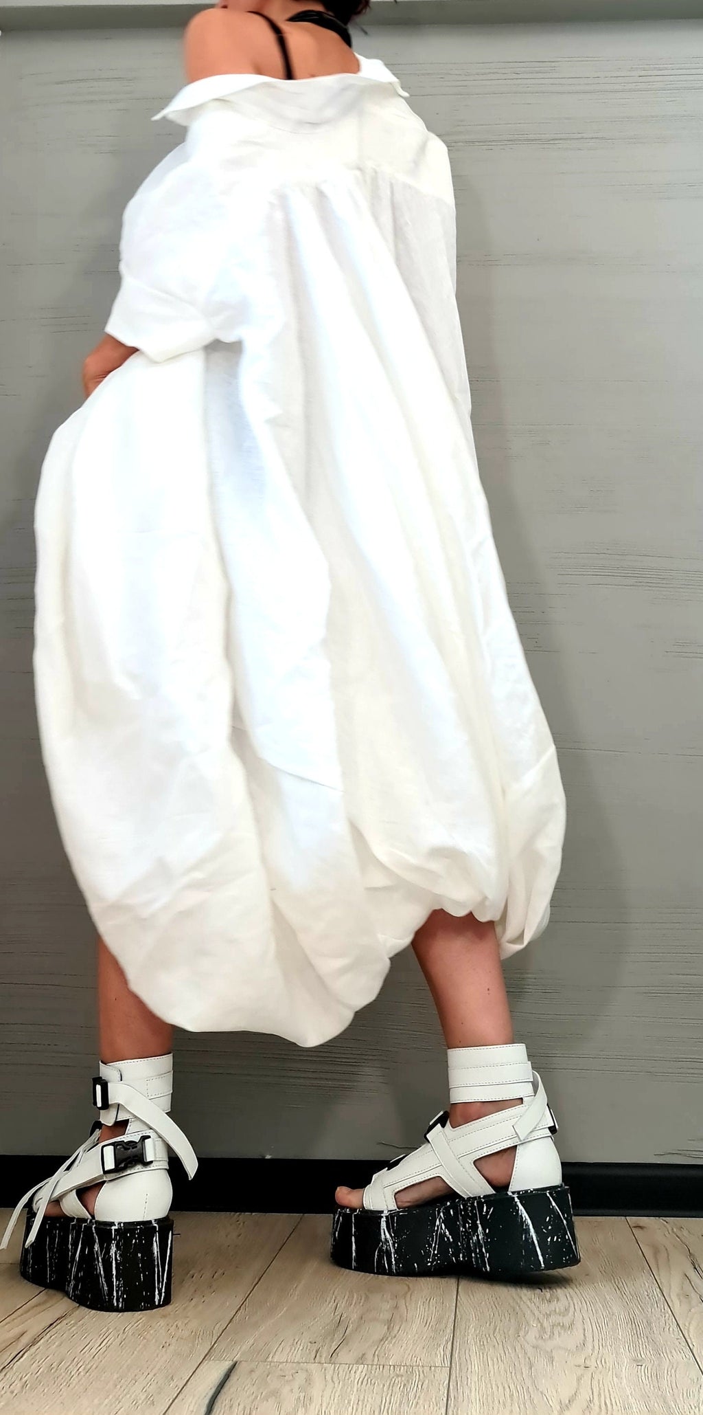 Oversized Green Linen Shirt Dress – Asymmetrical Avant-Garde Tunic, Loose Fit Summer Clothing, Custom XS-5XL