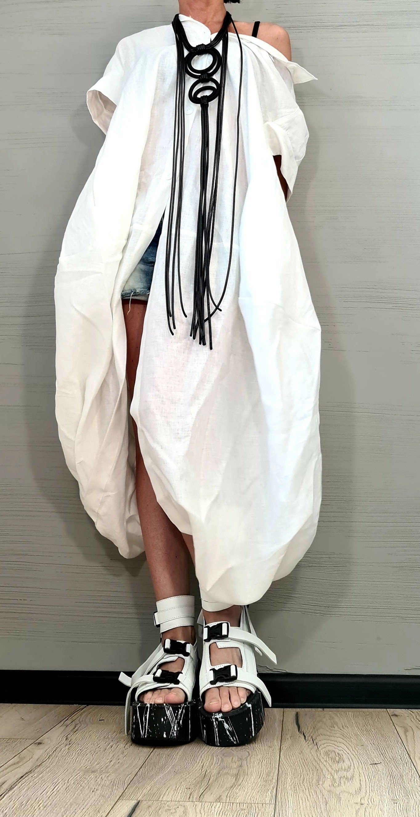 Statement Long Necklace, Black Rope Necklace with Rings, Minimalist Chunky Jewelry, Avant-garde Necklace for Women, Handmade Fashion