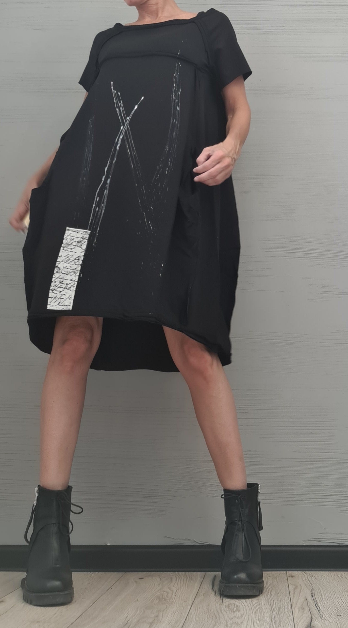 New collection, Extravagant Black  Dress, Cotton Tunic Dress, Plus Size Clothing, Asymmetric Dress, Knee Length Dress,