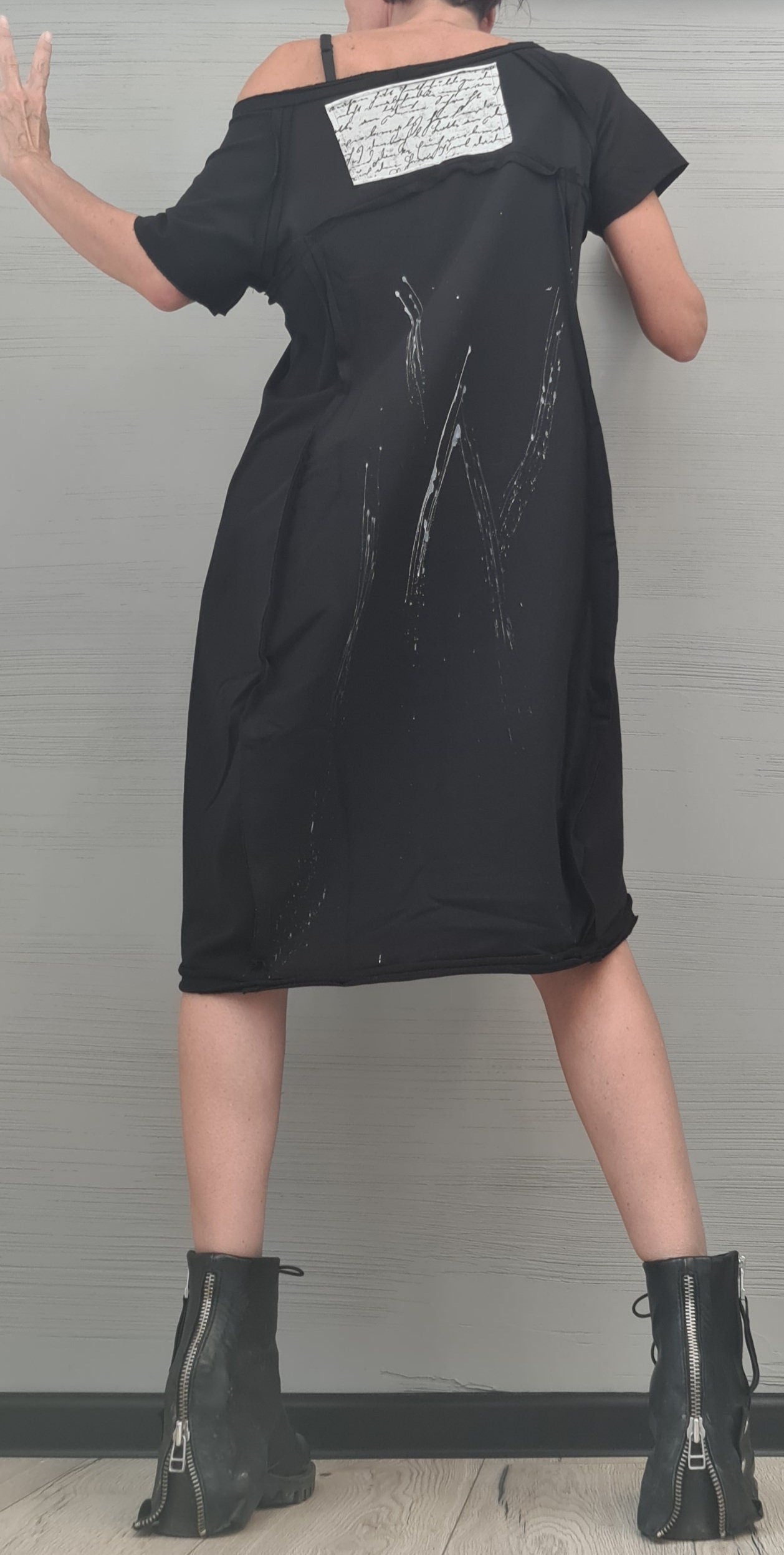 New collection, Extravagant Black  Dress, Cotton Tunic Dress, Plus Size Clothing, Asymmetric Dress, Knee Length Dress,