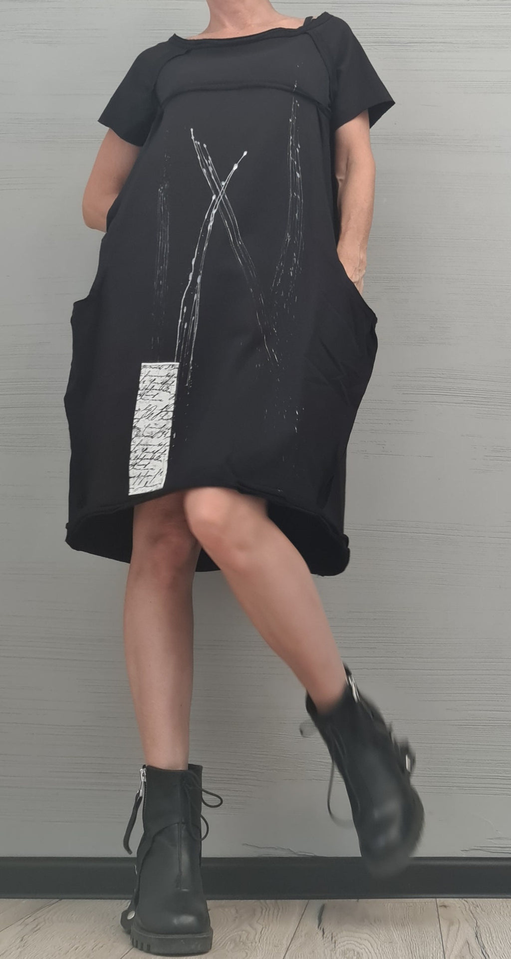 New collection, Extravagant Black  Dress, Cotton Tunic Dress, Plus Size Clothing, Asymmetric Dress, Knee Length Dress,