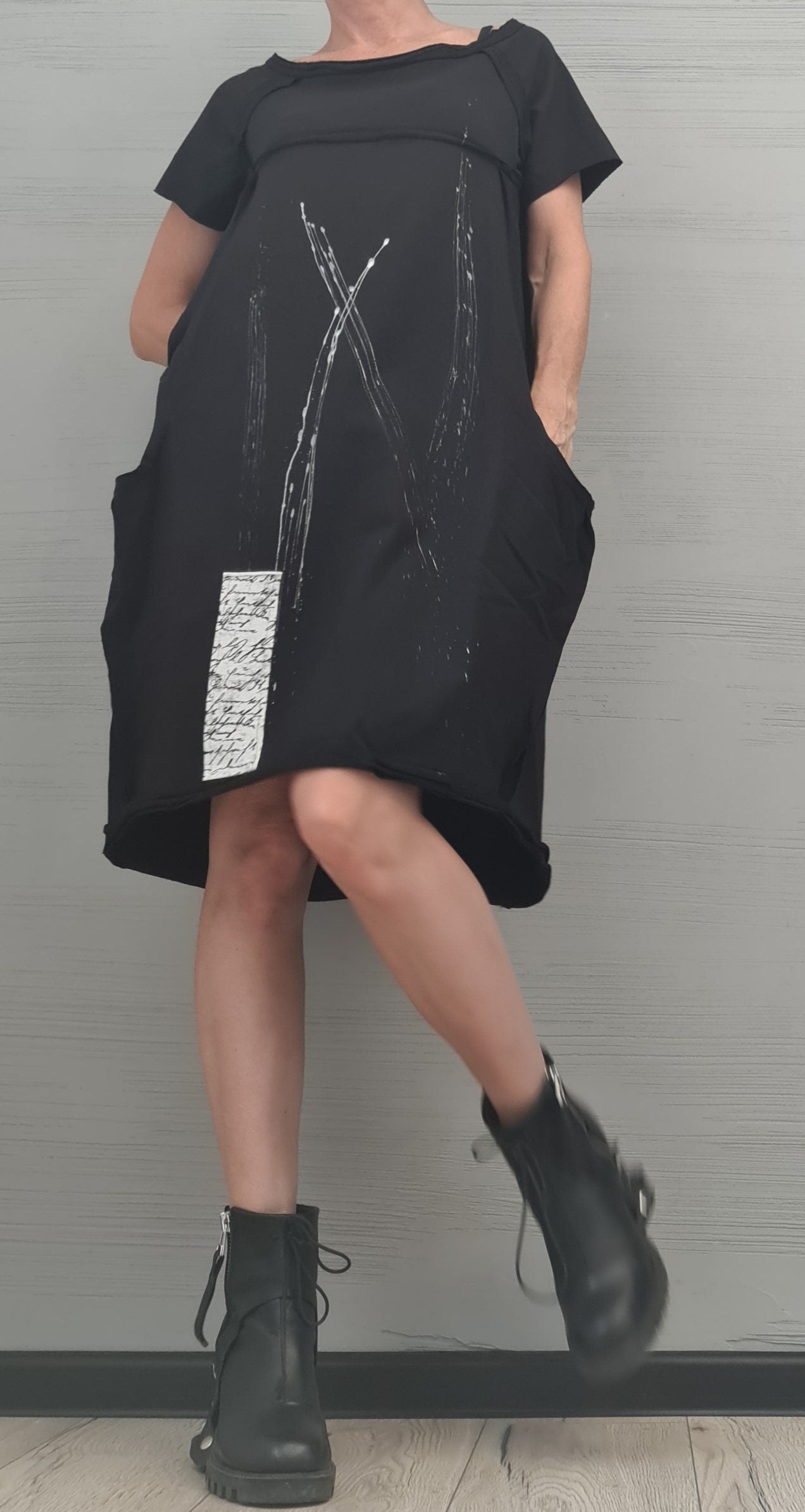 New collection, Extravagant Black  Dress, Cotton Tunic Dress, Plus Size Clothing, Asymmetric Dress, Knee Length Dress,