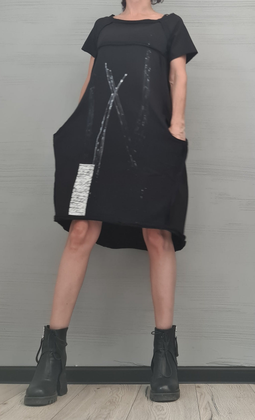 New collection, Extravagant Black  Dress, Cotton Tunic Dress, Plus Size Clothing, Asymmetric Dress, Knee Length Dress,