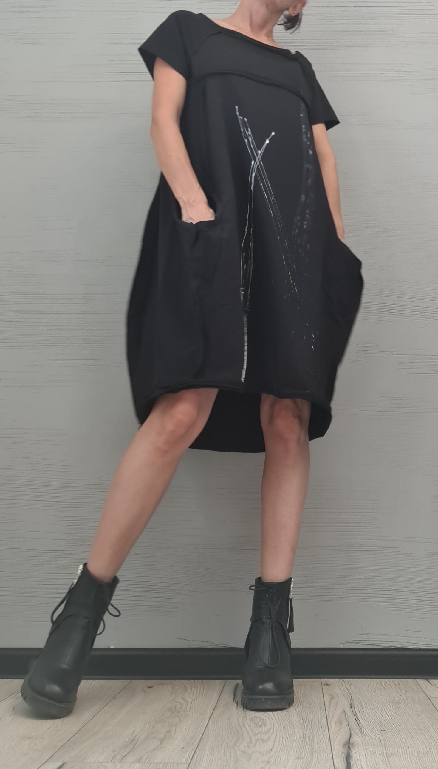 New collection, Extravagant Black  Dress, Cotton Tunic Dress, Plus Size Clothing, Asymmetric Dress, Knee Length Dress,