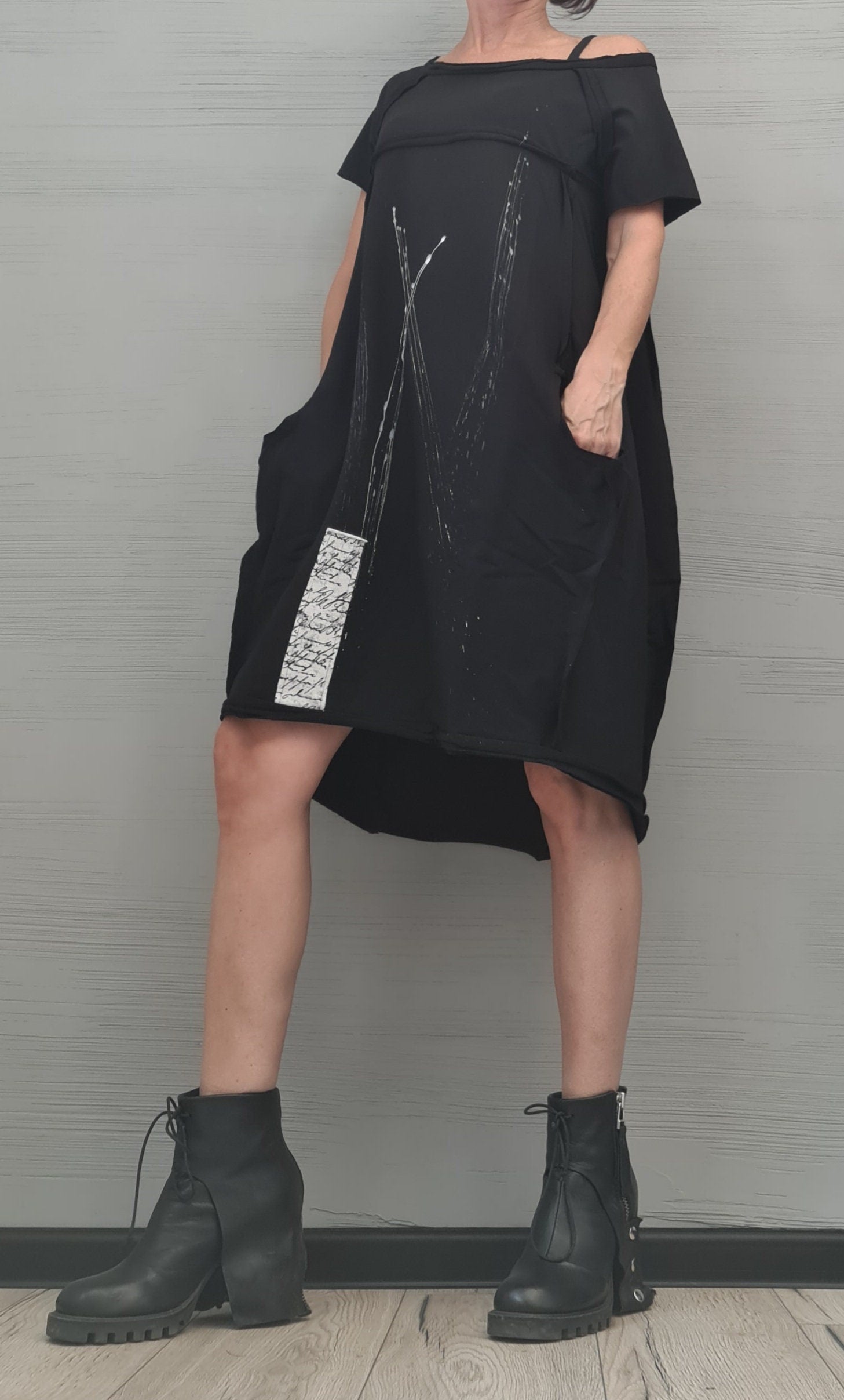 New collection, Extravagant Black  Dress, Cotton Tunic Dress, Plus Size Clothing, Asymmetric Dress, Knee Length Dress,