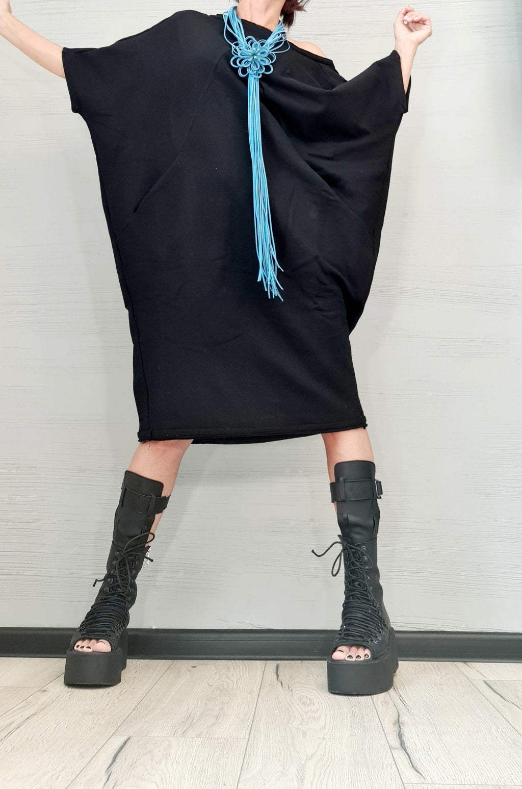 New collection Black Dress, Extravagant Tunic Dress, Blouson Dress, Asymmetric Dress, Sleeveless Dress, Knee Length Dress, Separate Sleeves