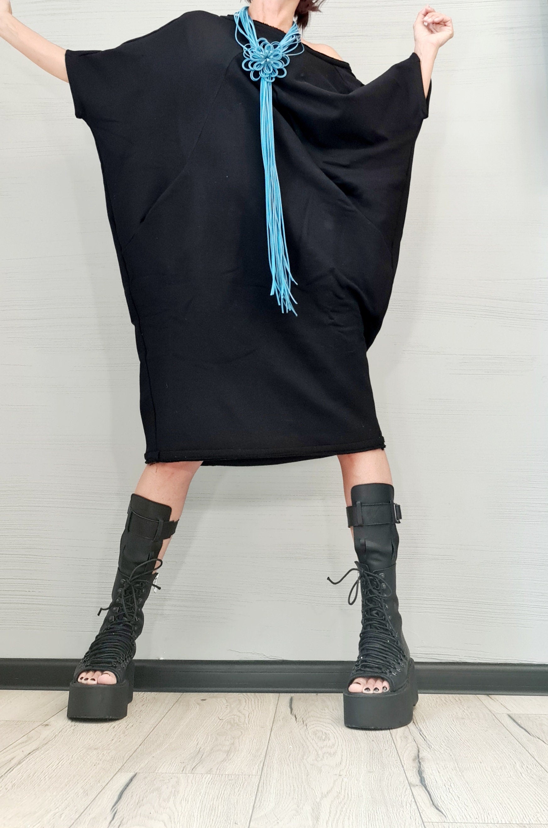 New collection Black Dress, Extravagant Tunic Dress, Blouson Dress, Asymmetric Dress, Sleeveless Dress, Knee Length Dress, Separate Sleeves