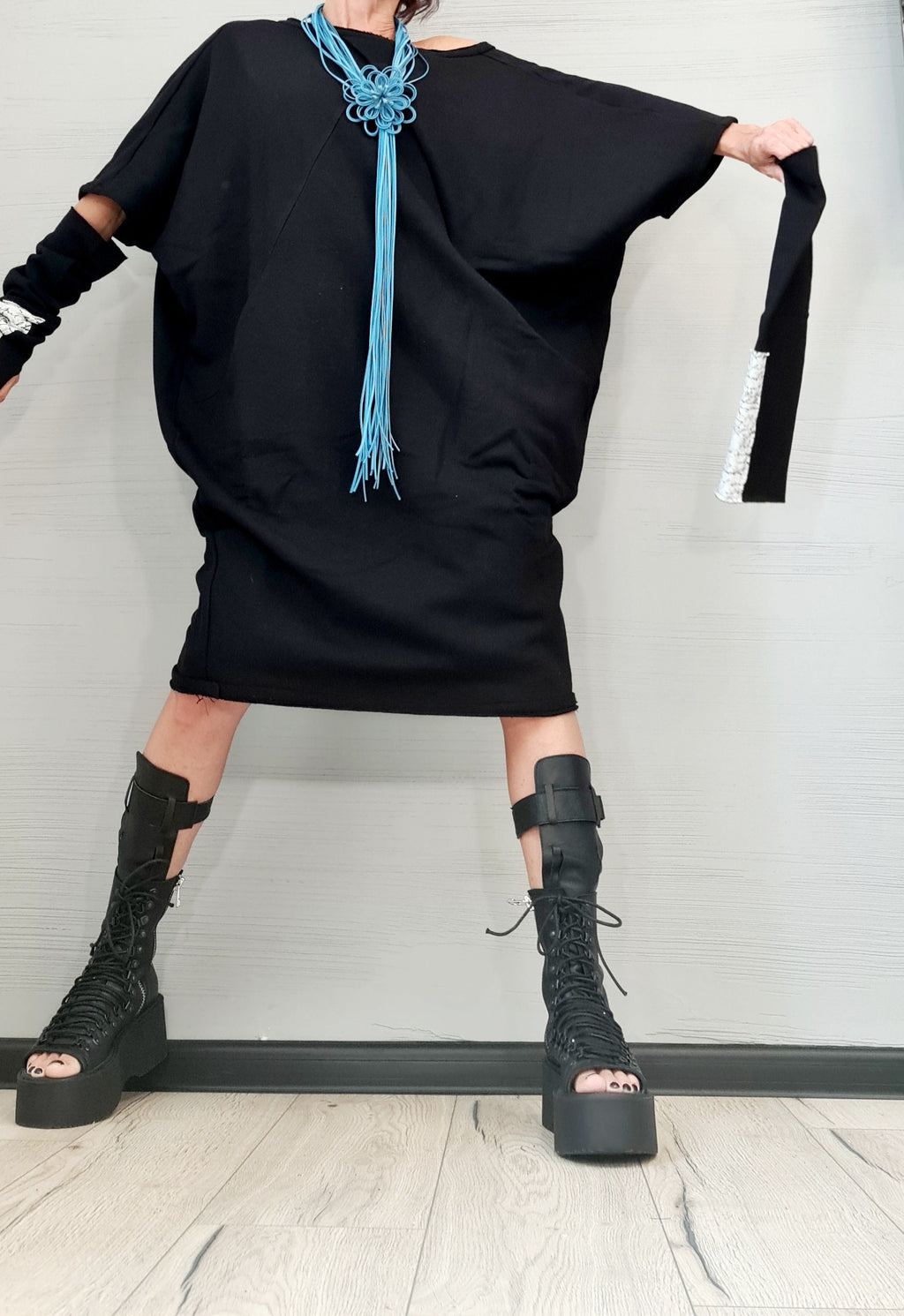 New collection Black Dress, Extravagant Tunic Dress, Blouson Dress, Asymmetric Dress, Sleeveless Dress, Knee Length Dress, Separate Sleeves