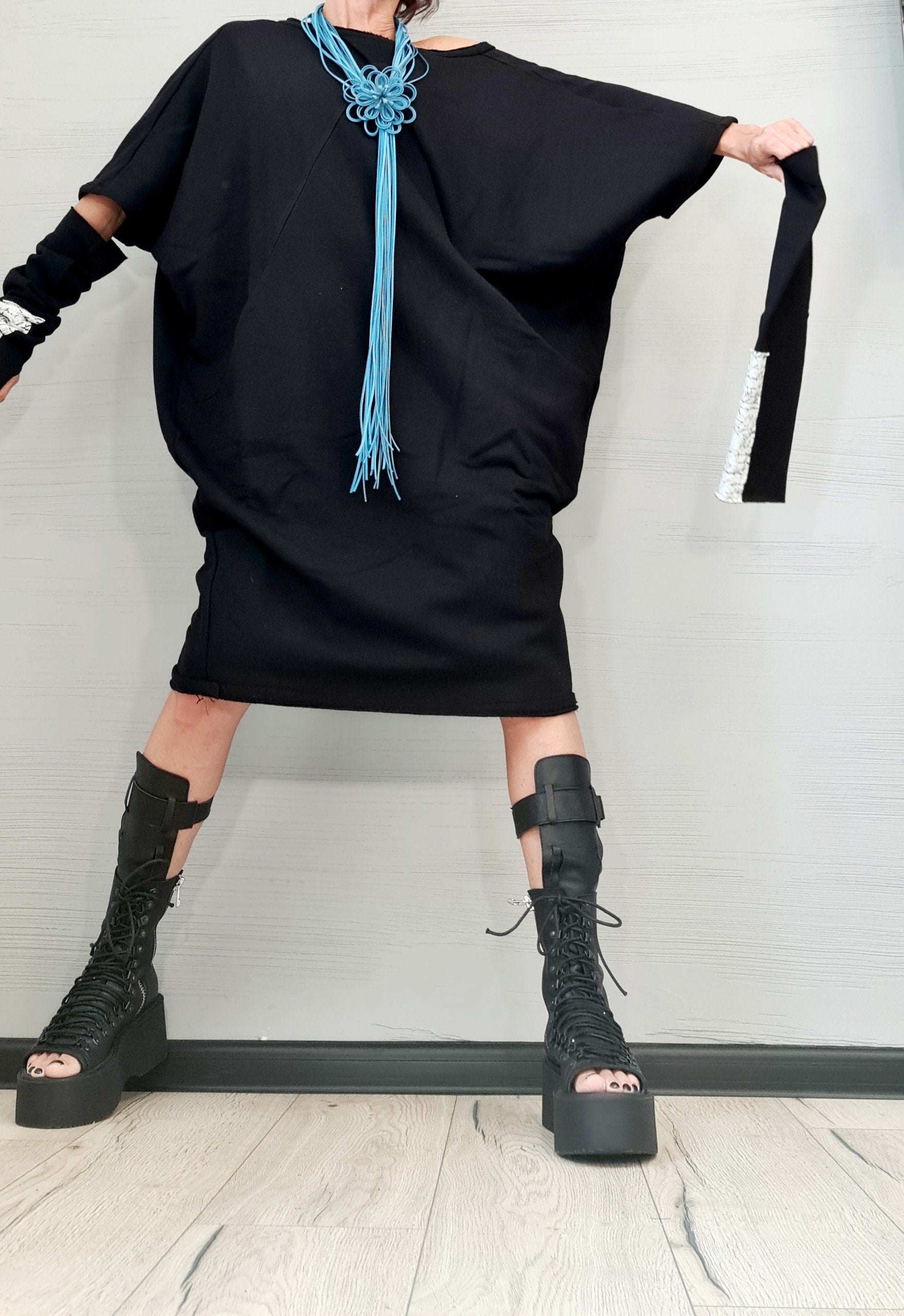 New collection Black Dress, Extravagant Tunic Dress, Blouson Dress, Asymmetric Dress, Sleeveless Dress, Knee Length Dress, Separate Sleeves