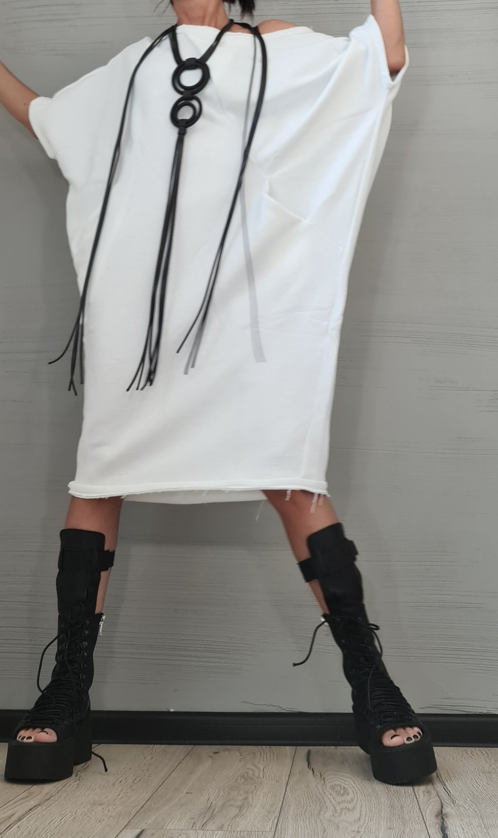 New collection White Dress, Extravagant Tunic Dress, Blouson Dress, Asymmetric Dress, Sleeveless Dress, Knee Length Dress, Separate Sleeves