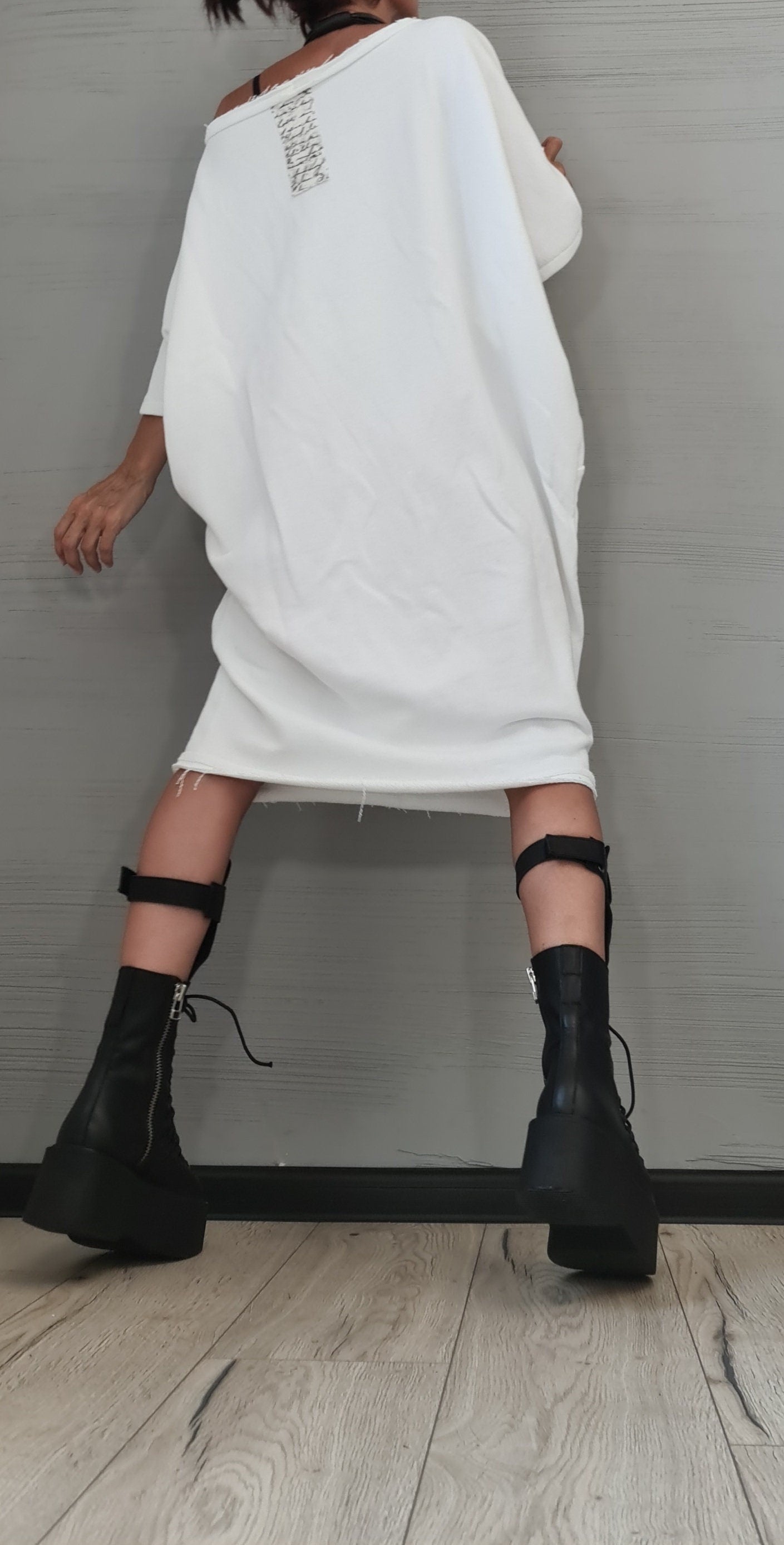 New collection White Dress, Extravagant Tunic Dress, Blouson Dress, Asymmetric Dress, Sleeveless Dress, Knee Length Dress, Separate Sleeves