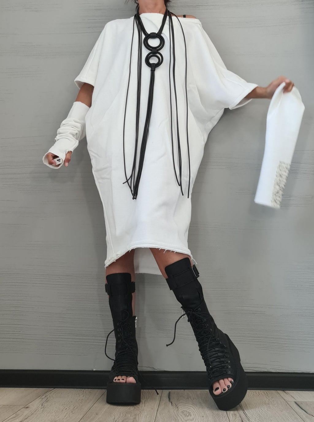 New collection White Dress, Extravagant Tunic Dress, Blouson Dress, Asymmetric Dress, Sleeveless Dress, Knee Length Dress, Separate Sleeves