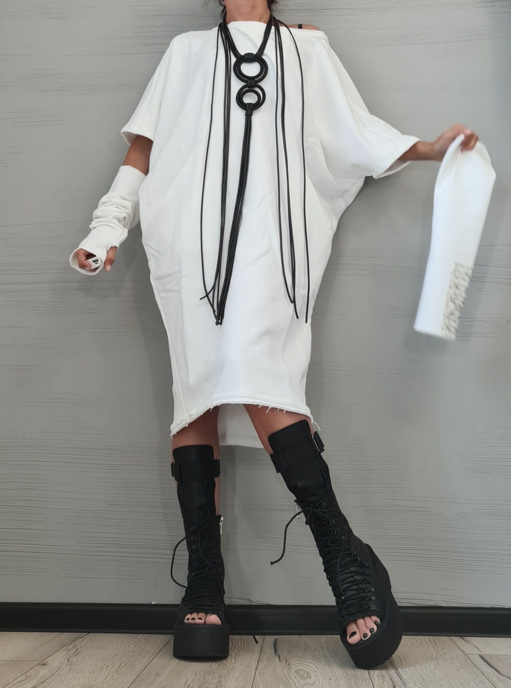 New collection White Dress, Extravagant Tunic Dress, Blouson Dress, Asymmetric Dress, Sleeveless Dress, Knee Length Dress, Separate Sleeves