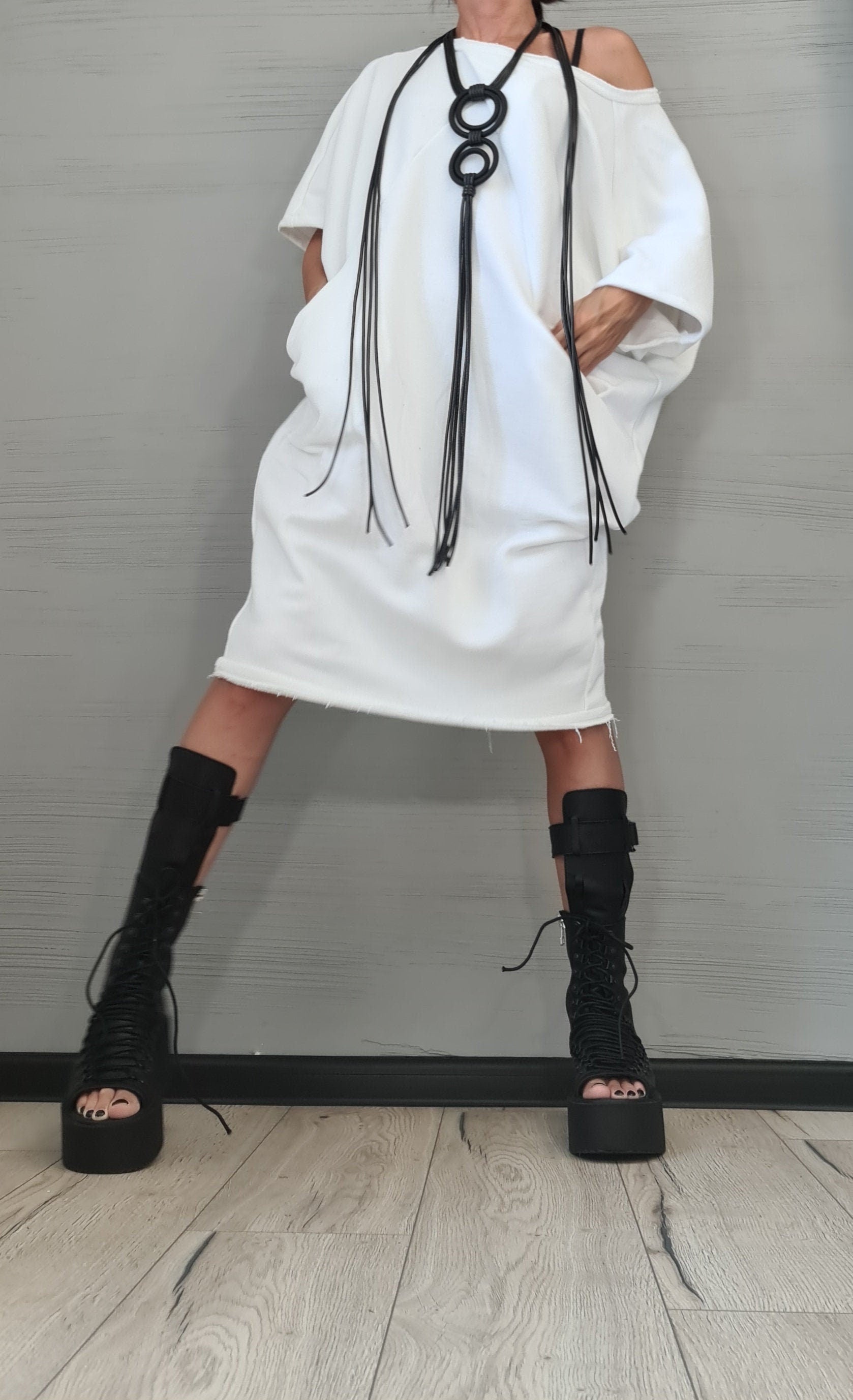 New collection White Dress, Extravagant Tunic Dress, Blouson Dress, Asymmetric Dress, Sleeveless Dress, Knee Length Dress, Separate Sleeves