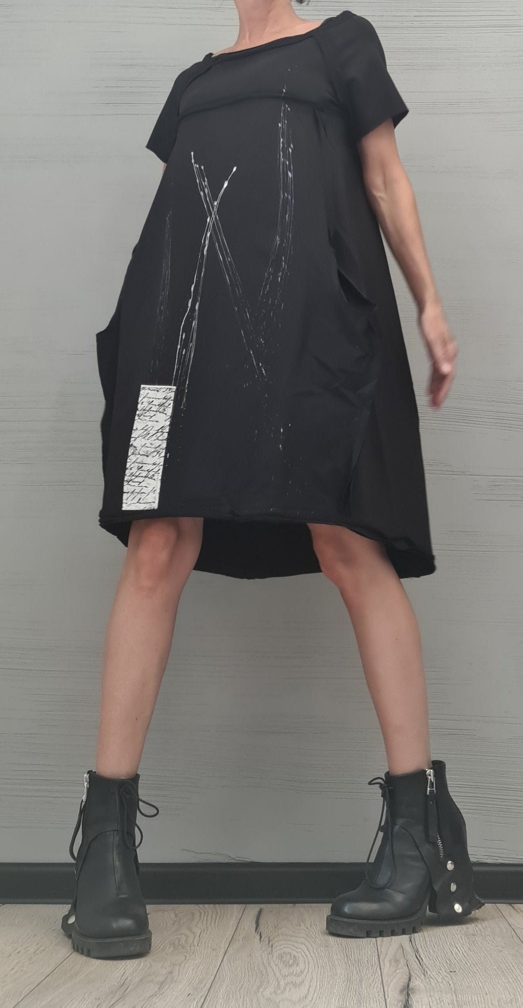 New collection, Extravagant Black  Dress, Cotton Tunic Dress, Plus Size Clothing, Asymmetric Dress, Knee Length Dress,