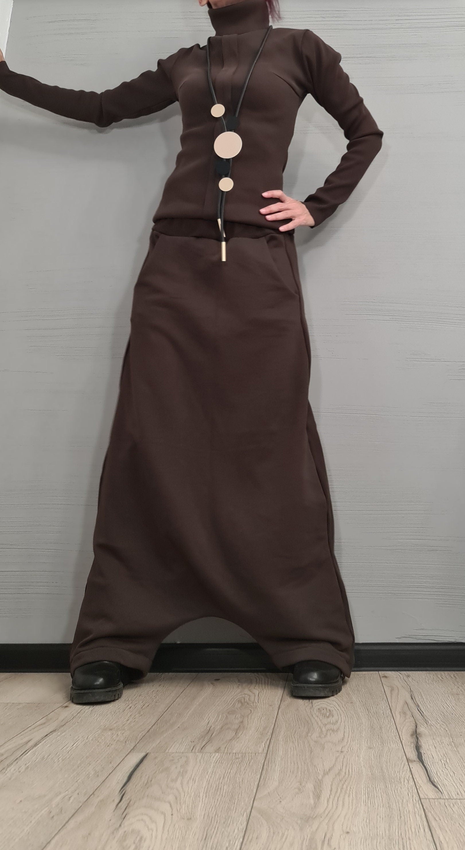 New collection Brown Outwear Women Set, Harem Pants, Extravagant Cotton Set, Extravagant Blouse, Harem pant, Asymmetrical Set